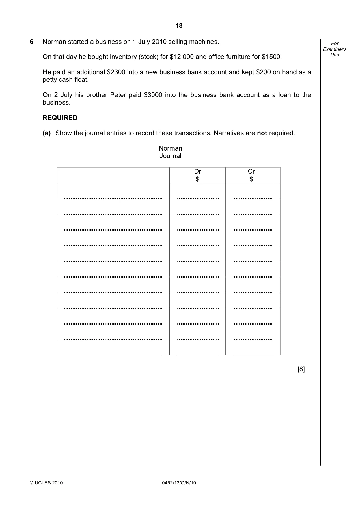 Cambridge IGCSE Accounting 0452 2010 Oct/Nov Paper 1 · Variant 3 question paper, page 18 of 20