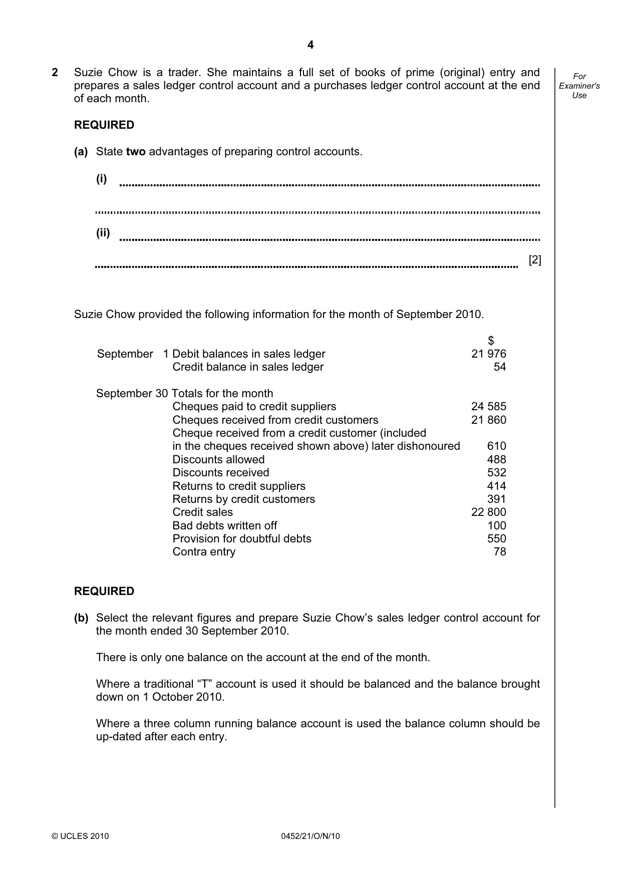 Cambridge IGCSE Accounting 0452 2010 Oct/Nov Paper 2 · Variant 1 question paper, page 4 of 20