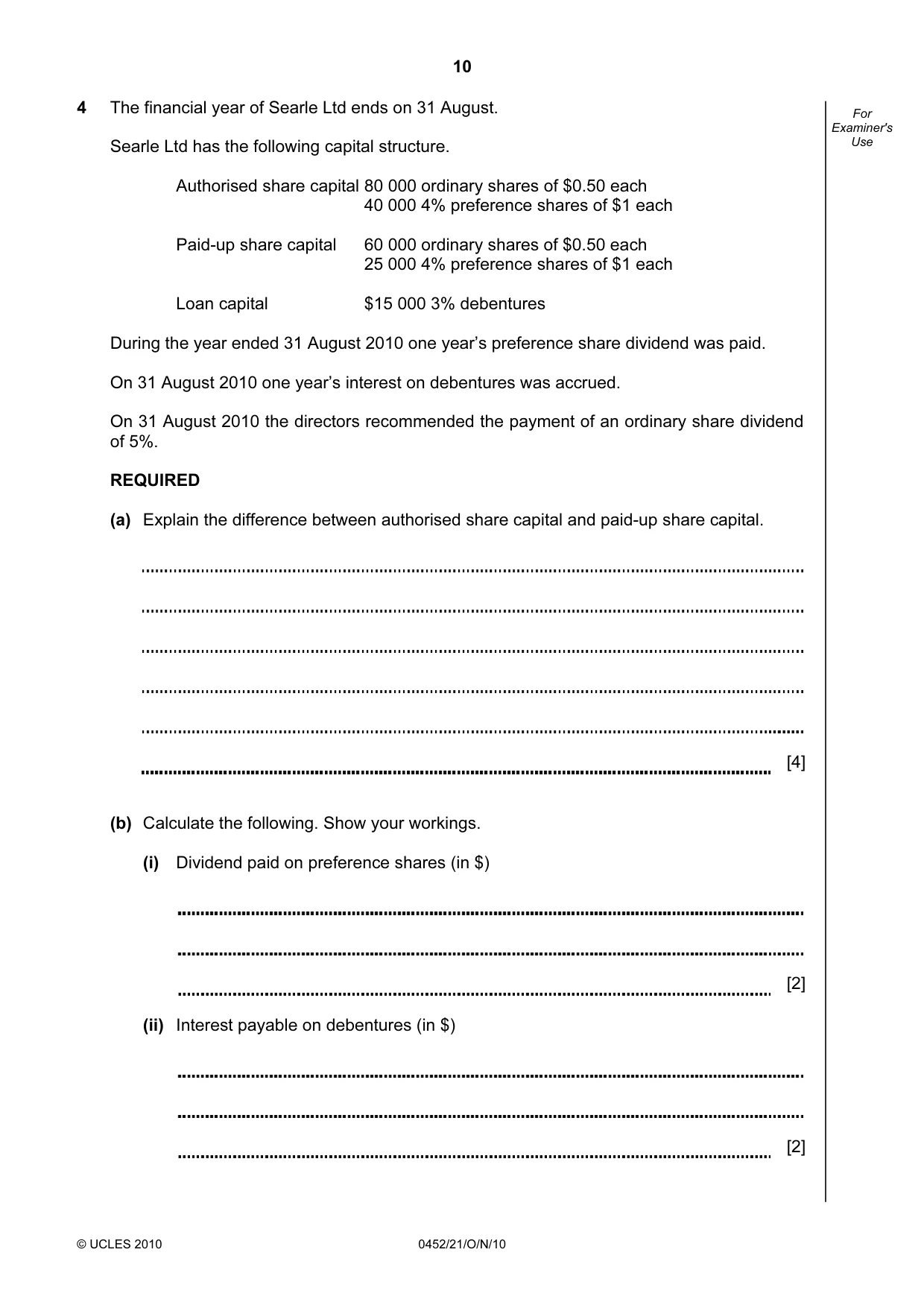 Cambridge IGCSE Accounting 0452 2010 Oct/Nov Paper 2 · Variant 1 question paper, page 10 of 20