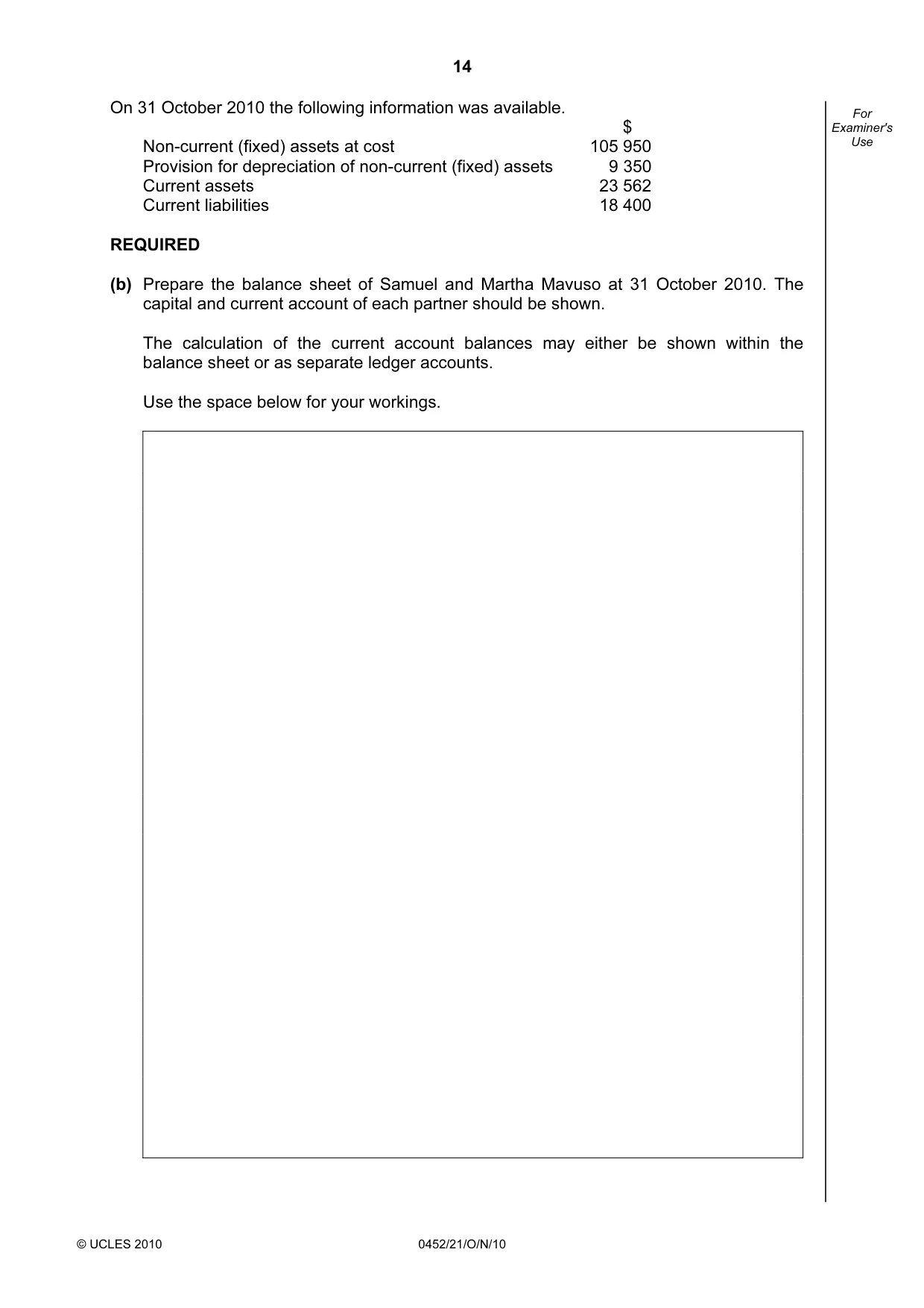 Cambridge IGCSE Accounting 0452 2010 Oct/Nov Paper 2 · Variant 1 question paper, page 14 of 20