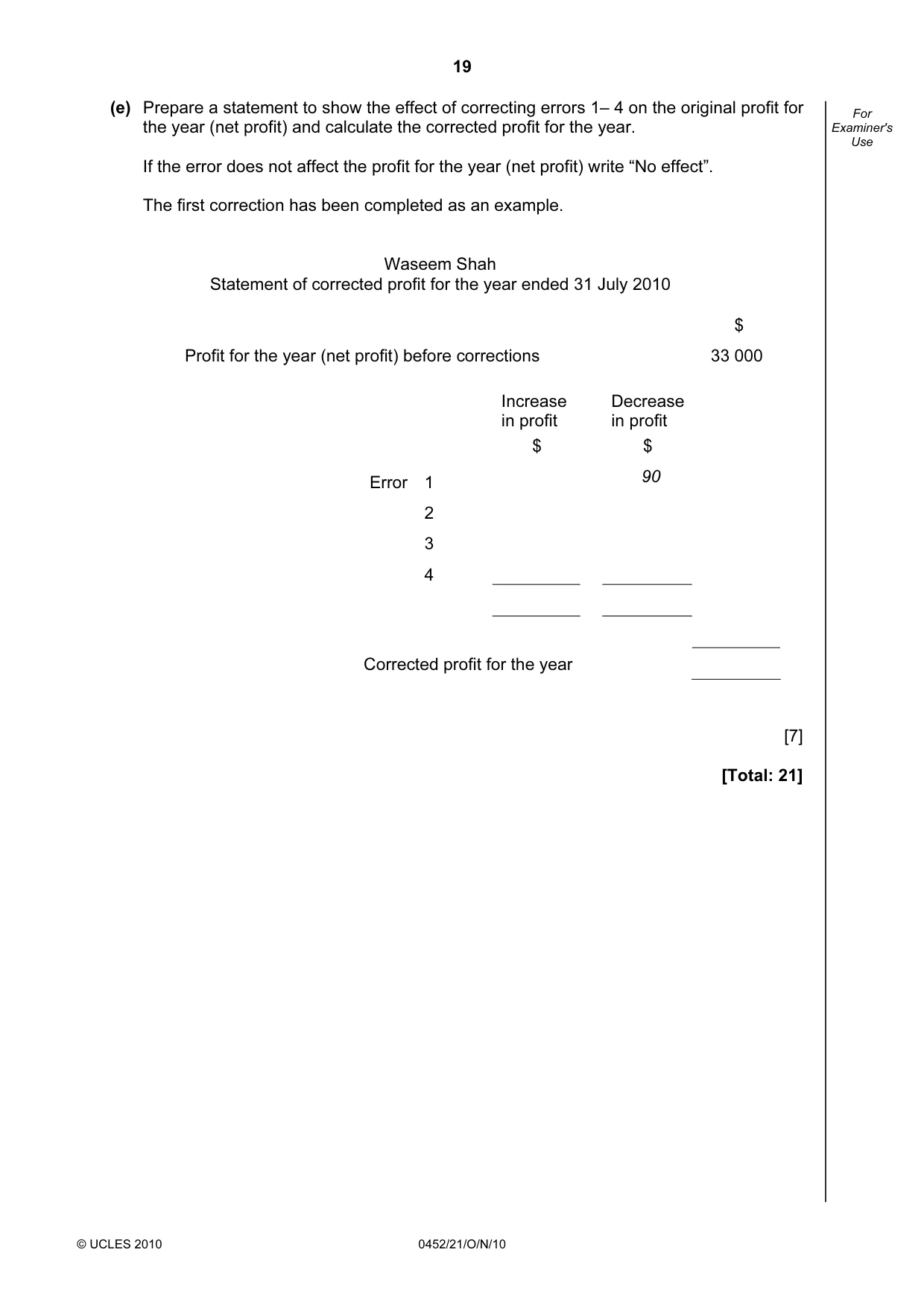 Cambridge IGCSE Accounting 0452 2010 Oct/Nov Paper 2 · Variant 1 question paper, page 19 of 20