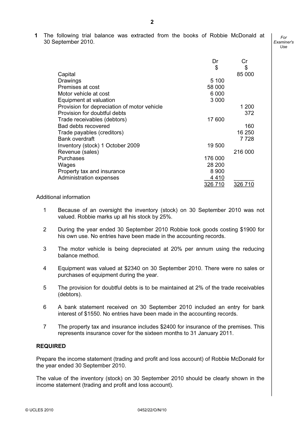 Cambridge IGCSE Accounting 0452 2010 Oct/Nov Paper 2 · Variant 2 question paper, page 2 of 20