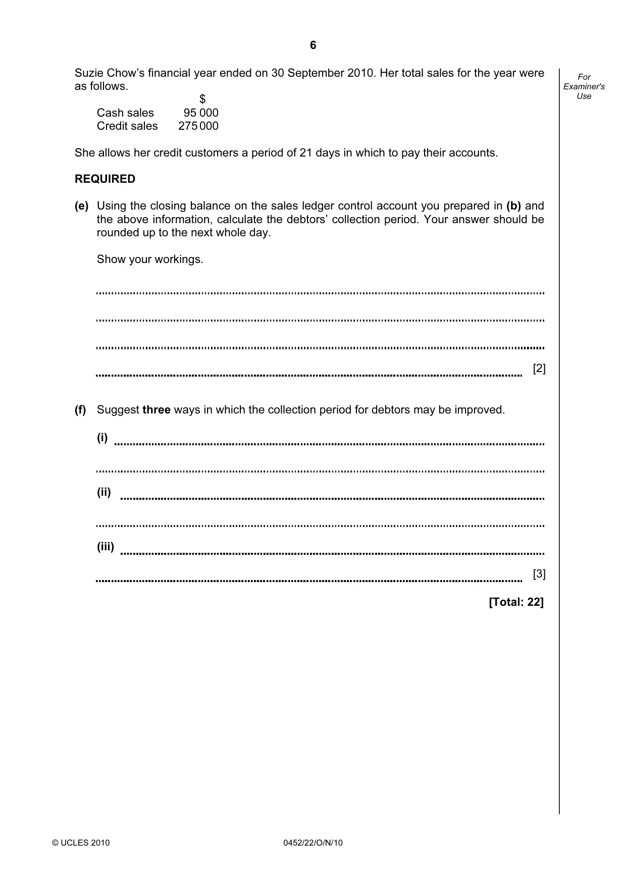 Cambridge IGCSE Accounting 0452 2010 Oct/Nov Paper 2 · Variant 2 question paper, page 6 of 20
