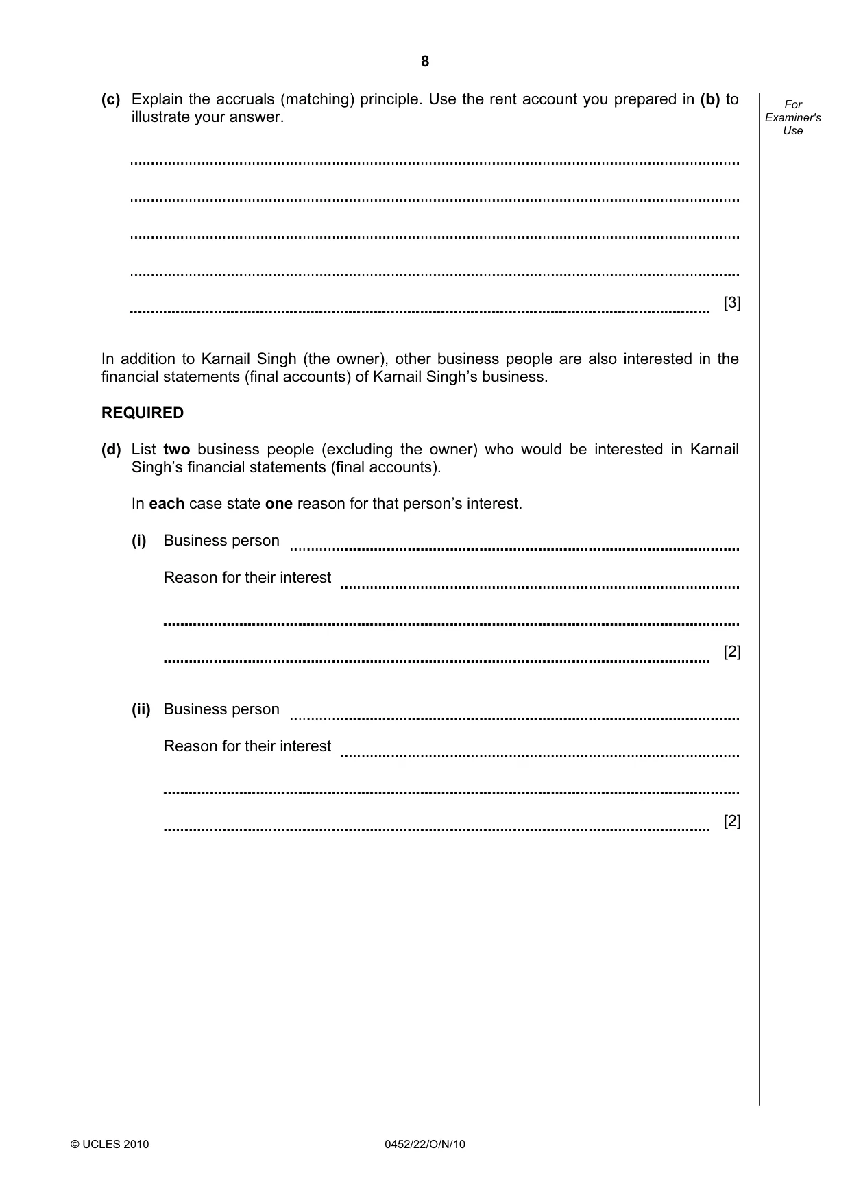 Cambridge IGCSE Accounting 0452 2010 Oct/Nov Paper 2 · Variant 2 question paper, page 8 of 20