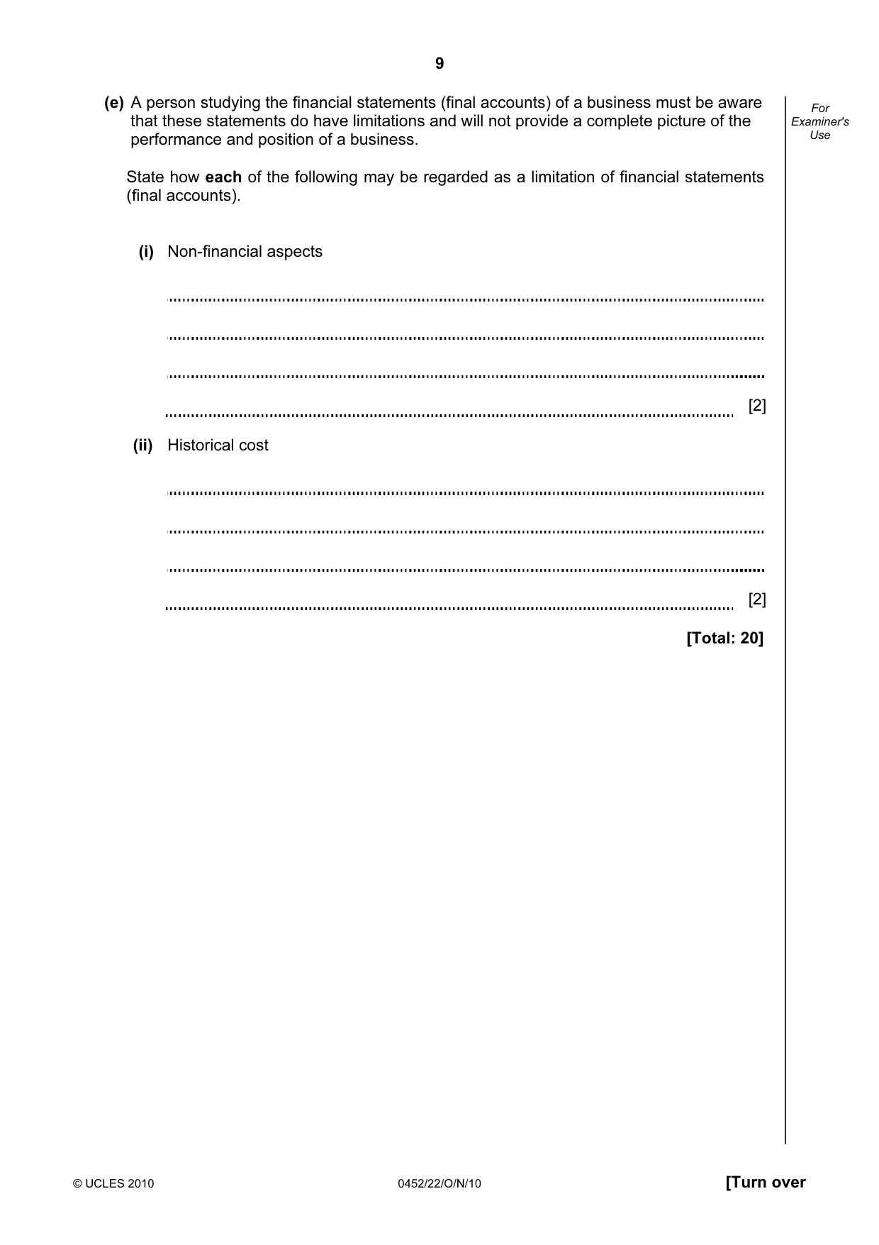Cambridge IGCSE Accounting 0452 2010 Oct/Nov Paper 2 · Variant 2 question paper, page 9 of 20