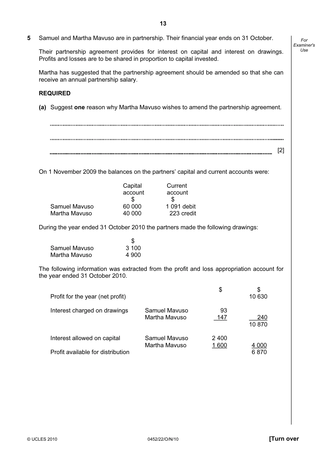 Cambridge IGCSE Accounting 0452 2010 Oct/Nov Paper 2 · Variant 2 question paper, page 13 of 20