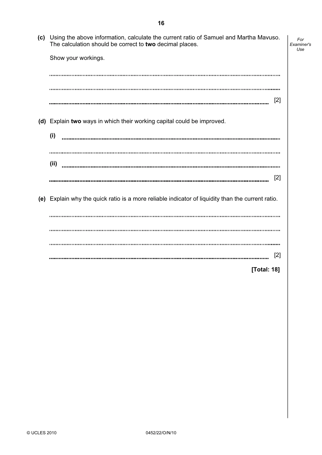 Cambridge IGCSE Accounting 0452 2010 Oct/Nov Paper 2 · Variant 2 question paper, page 16 of 20