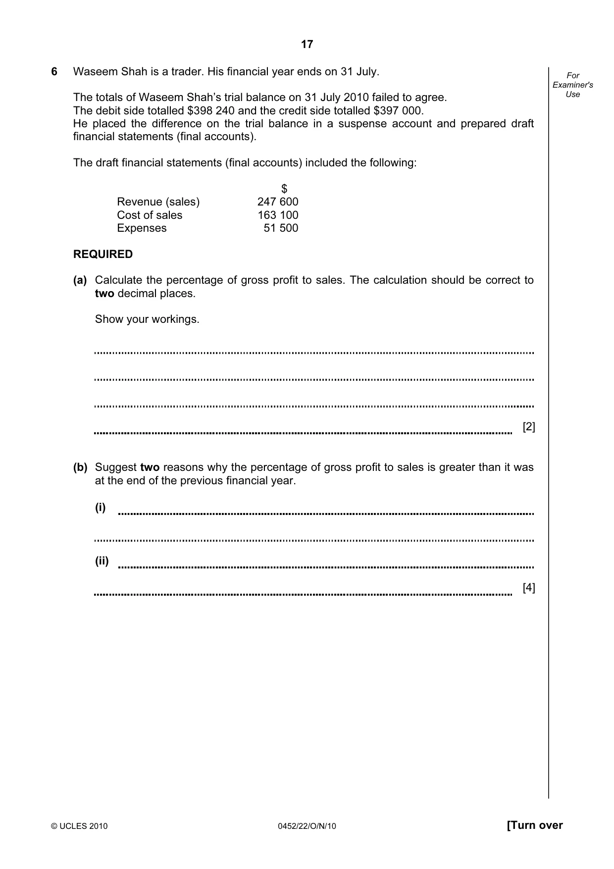 Cambridge IGCSE Accounting 0452 2010 Oct/Nov Paper 2 · Variant 2 question paper, page 17 of 20