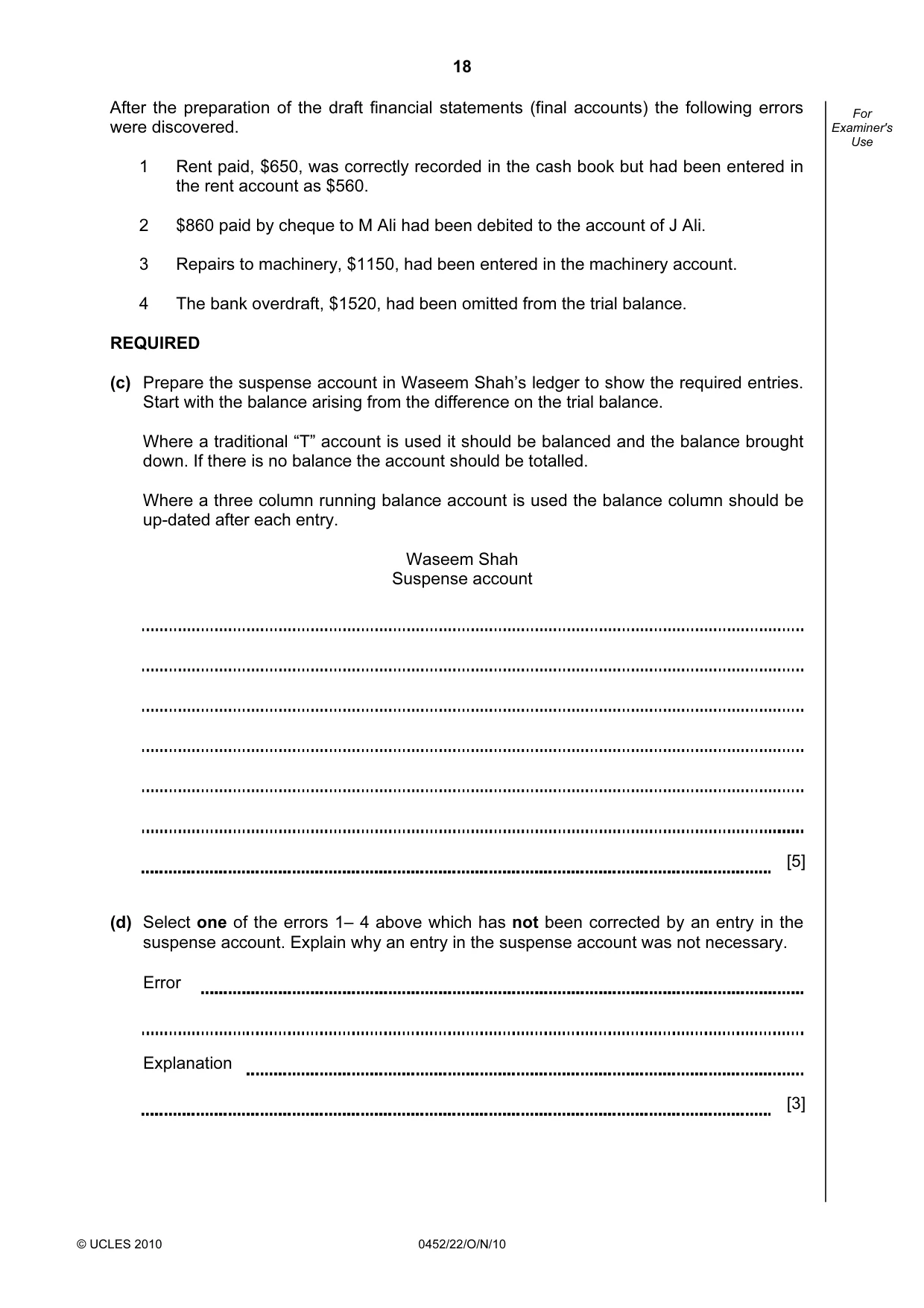 Cambridge IGCSE Accounting 0452 2010 Oct/Nov Paper 2 · Variant 2 question paper, page 18 of 20