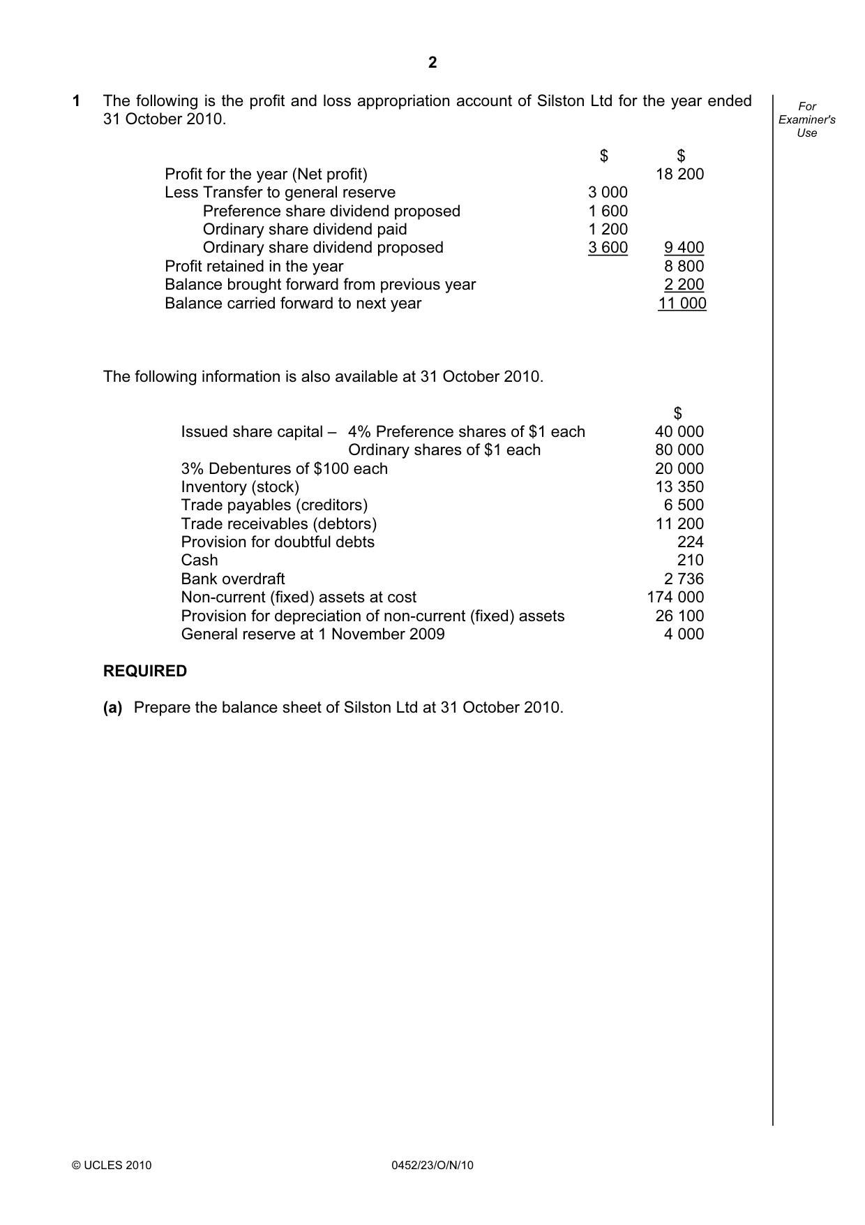 Cambridge IGCSE Accounting 0452 2010 Oct/Nov Paper 2 · Variant 3 question paper, page 2 of 20