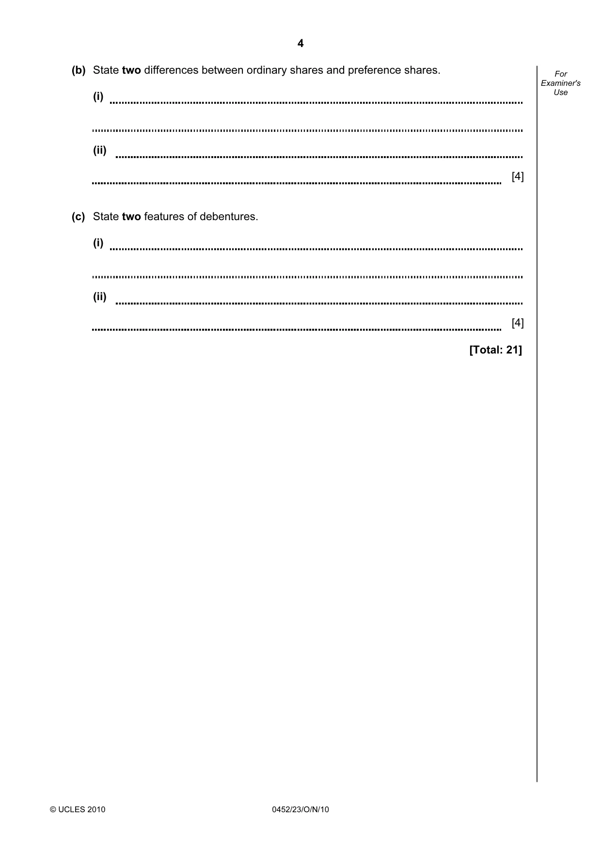 Cambridge IGCSE Accounting 0452 2010 Oct/Nov Paper 2 · Variant 3 question paper, page 4 of 20