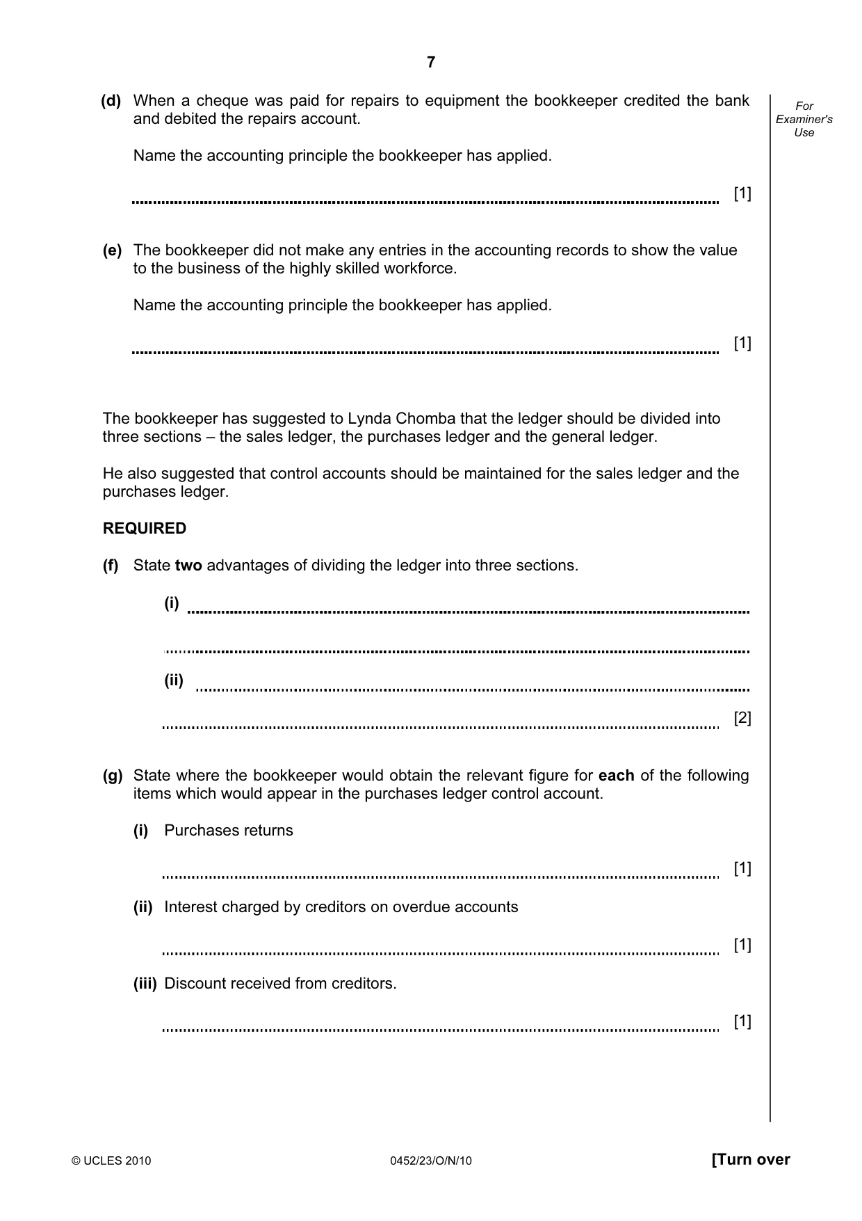 Cambridge IGCSE Accounting 0452 2010 Oct/Nov Paper 2 · Variant 3 question paper, page 7 of 20