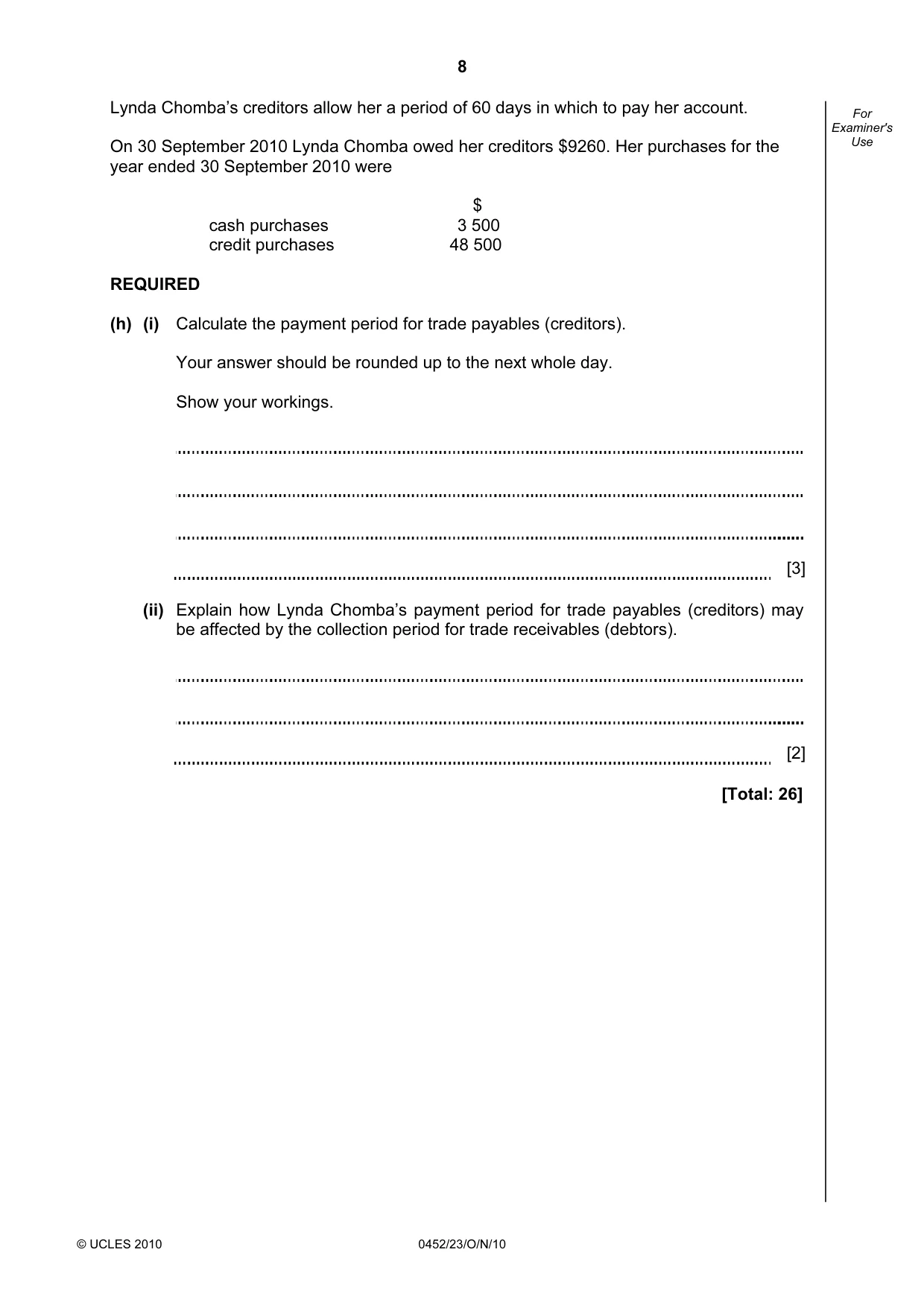 Cambridge IGCSE Accounting 0452 2010 Oct/Nov Paper 2 · Variant 3 question paper, page 8 of 20