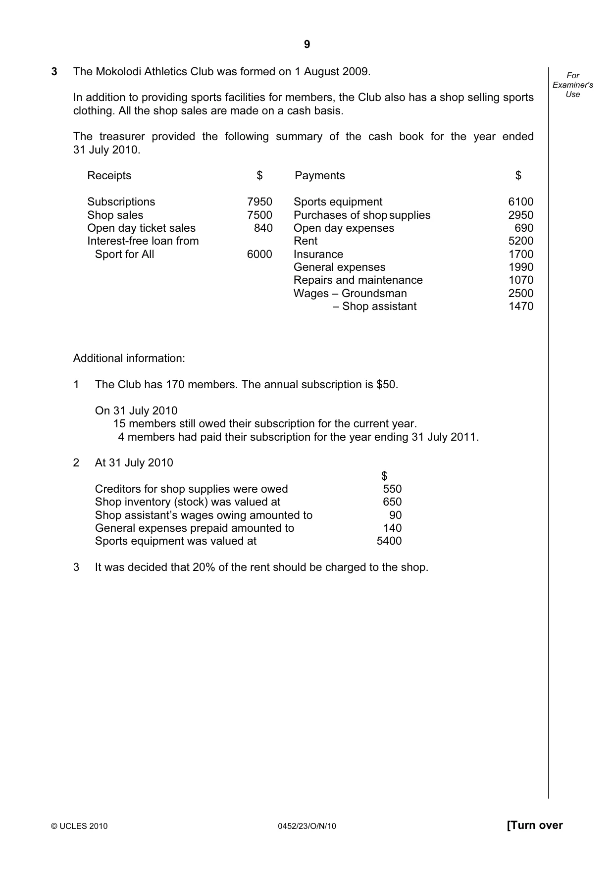 Cambridge IGCSE Accounting 0452 2010 Oct/Nov Paper 2 · Variant 3 question paper, page 9 of 20