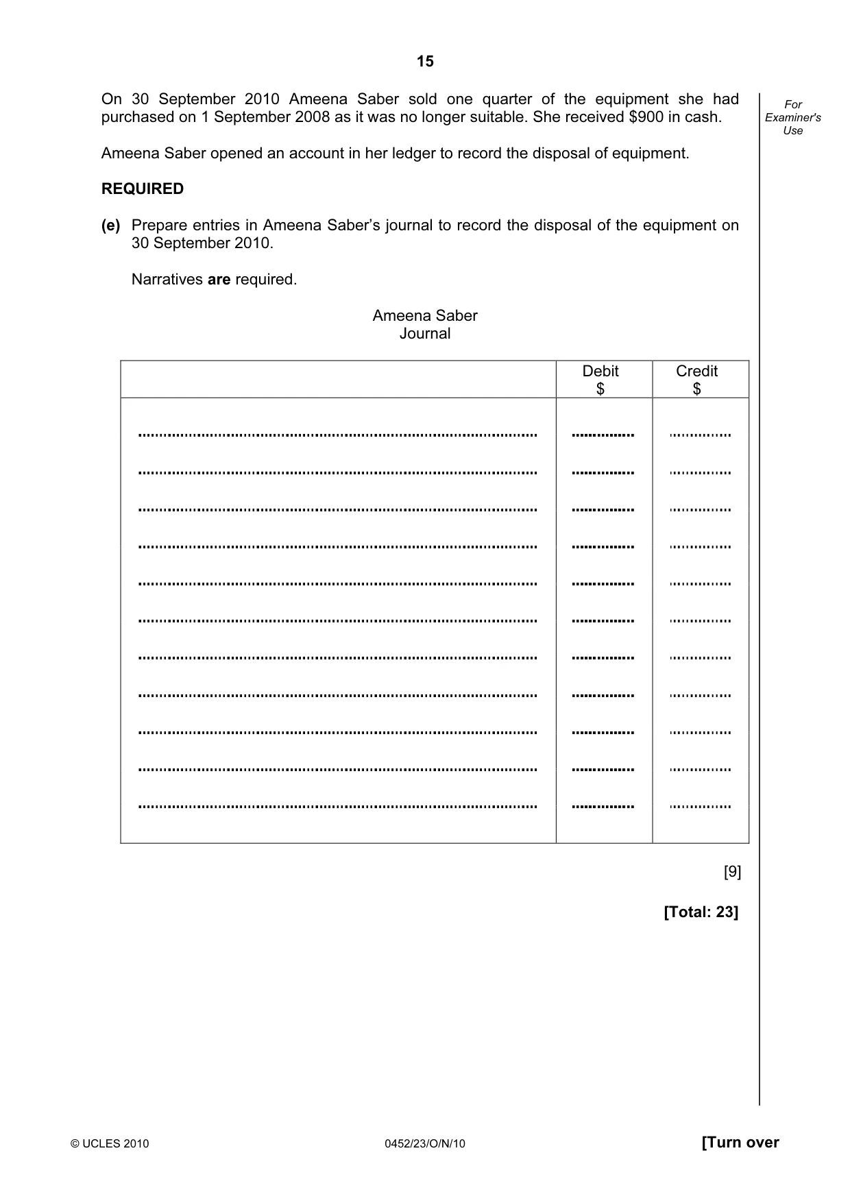 Cambridge IGCSE Accounting 0452 2010 Oct/Nov Paper 2 · Variant 3 question paper, page 15 of 20