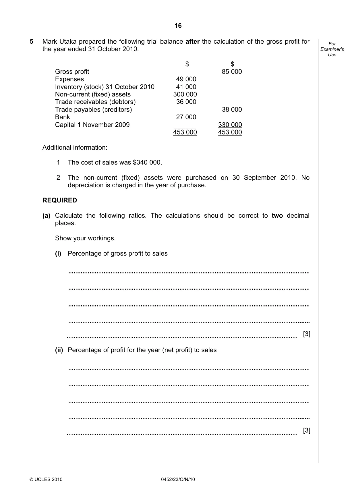 Cambridge IGCSE Accounting 0452 2010 Oct/Nov Paper 2 · Variant 3 question paper, page 16 of 20