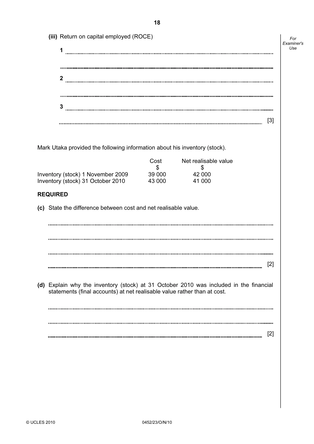 Cambridge IGCSE Accounting 0452 2010 Oct/Nov Paper 2 · Variant 3 question paper, page 18 of 20