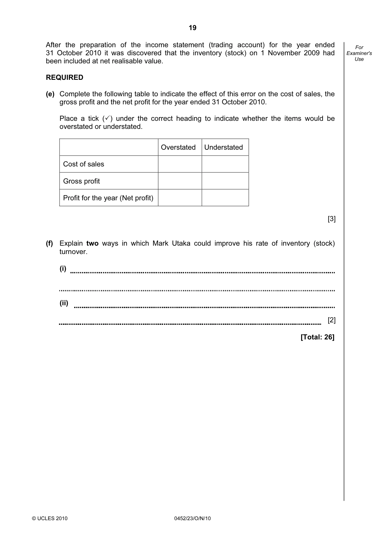 Cambridge IGCSE Accounting 0452 2010 Oct/Nov Paper 2 · Variant 3 question paper, page 19 of 20