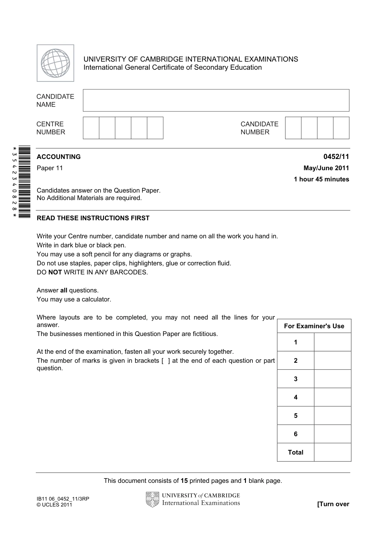 Cambridge IGCSE Accounting 0452 2011 May/June Paper 1 · Variant 1 question paper, page 1 of 16