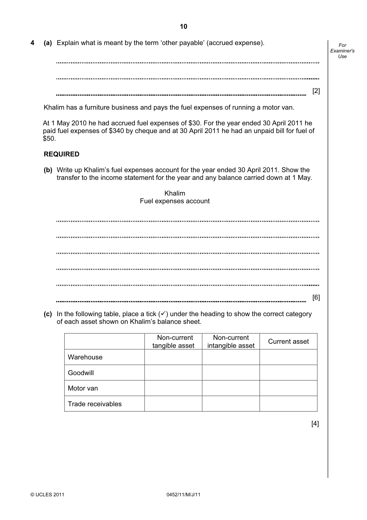 Cambridge IGCSE Accounting 0452 2011 May/June Paper 1 · Variant 1 question paper, page 10 of 16