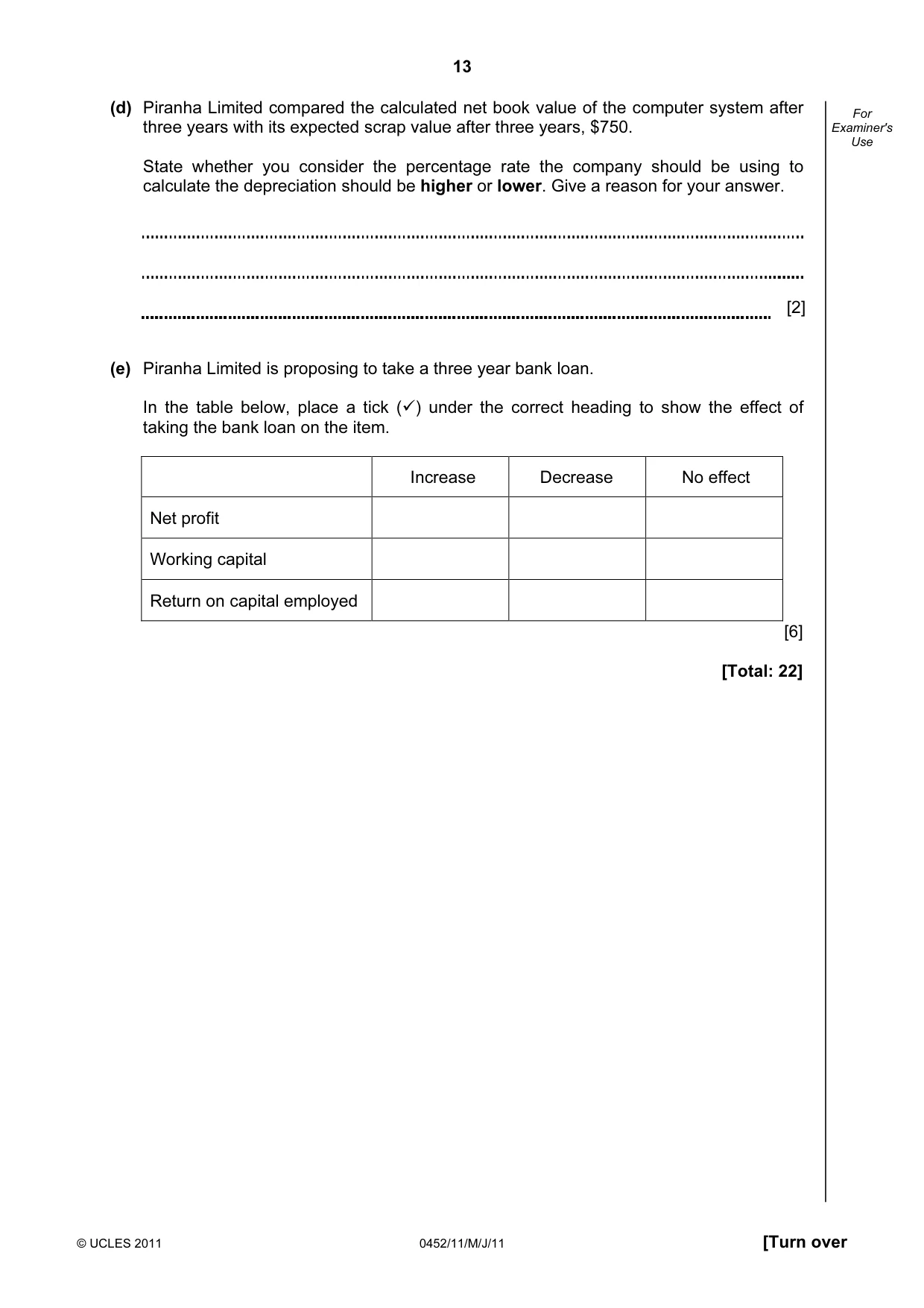 Cambridge IGCSE Accounting 0452 2011 May/June Paper 1 · Variant 1 question paper, page 13 of 16