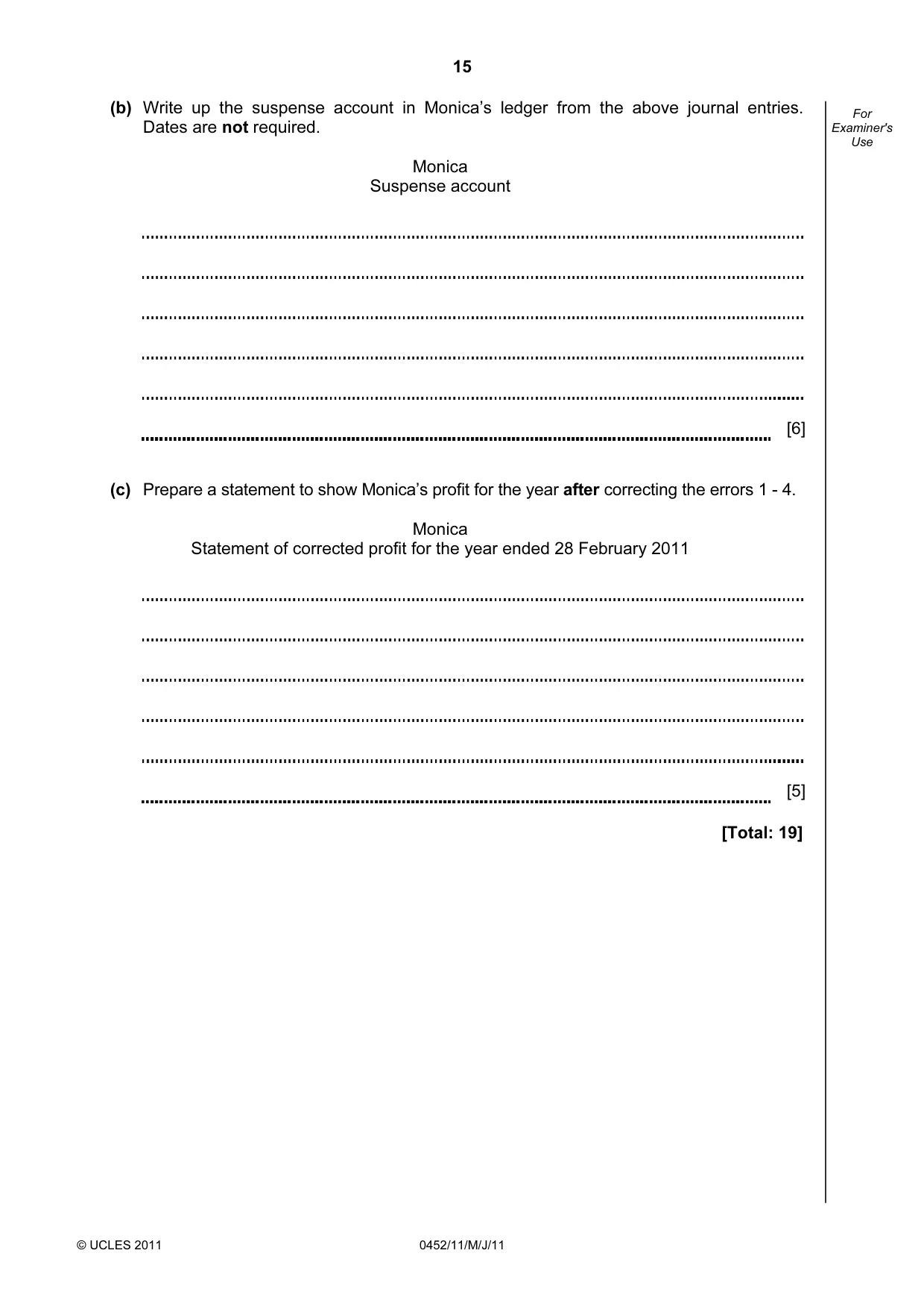 Cambridge IGCSE Accounting 0452 2011 May/June Paper 1 · Variant 1 question paper, page 15 of 16