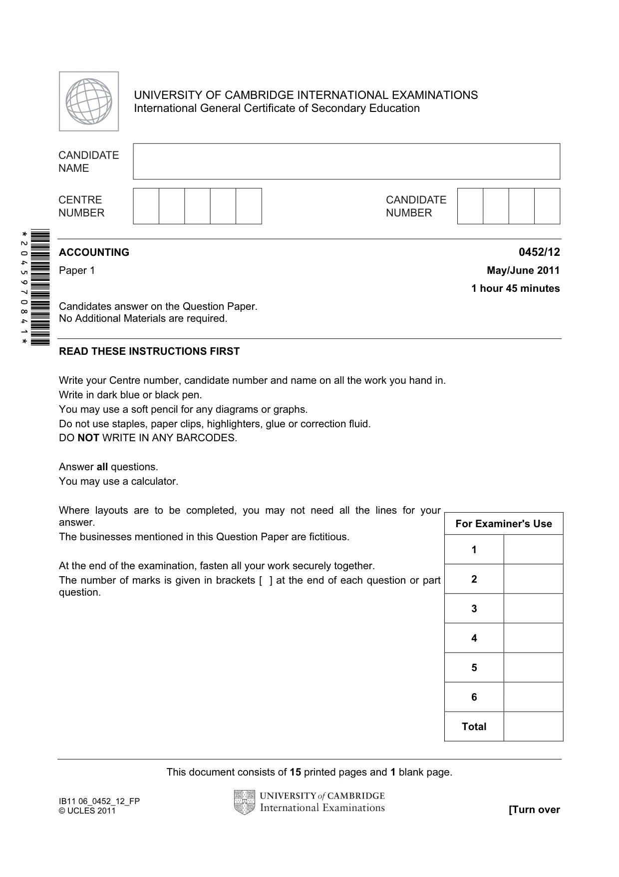 Cambridge IGCSE Accounting 0452 2011 May/June Paper 1 · Variant 2 question paper, page 1 of 16