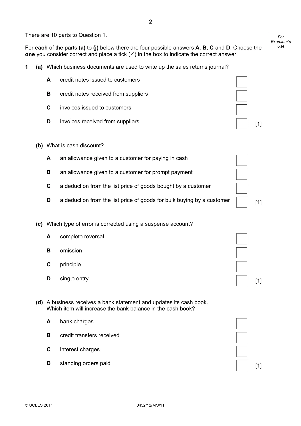 Cambridge IGCSE Accounting 0452 2011 May/June Paper 1 · Variant 2 question paper, page 2 of 16