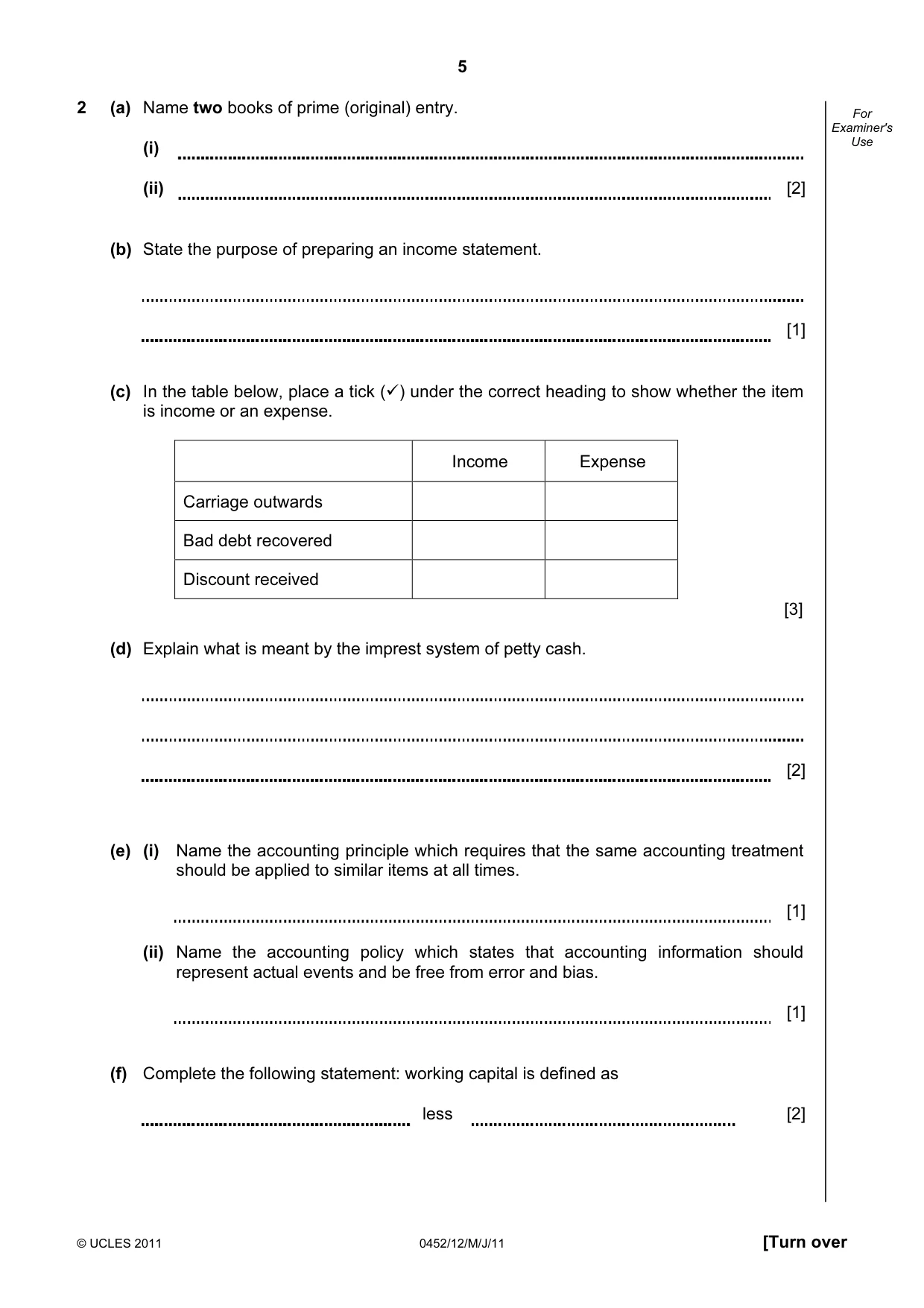 Cambridge IGCSE Accounting 0452 2011 May/June Paper 1 · Variant 2 question paper, page 5 of 16