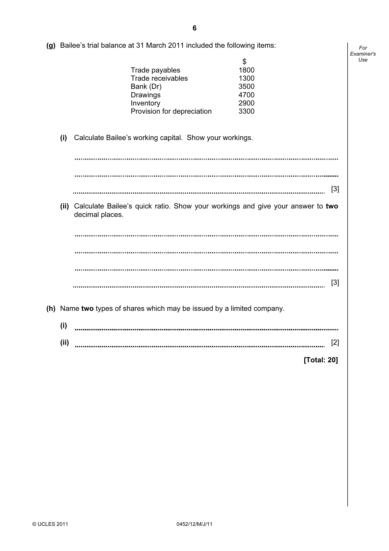 Cambridge IGCSE Accounting 0452 2011 May/June Paper 1 · Variant 2 question paper, page 6 of 16
