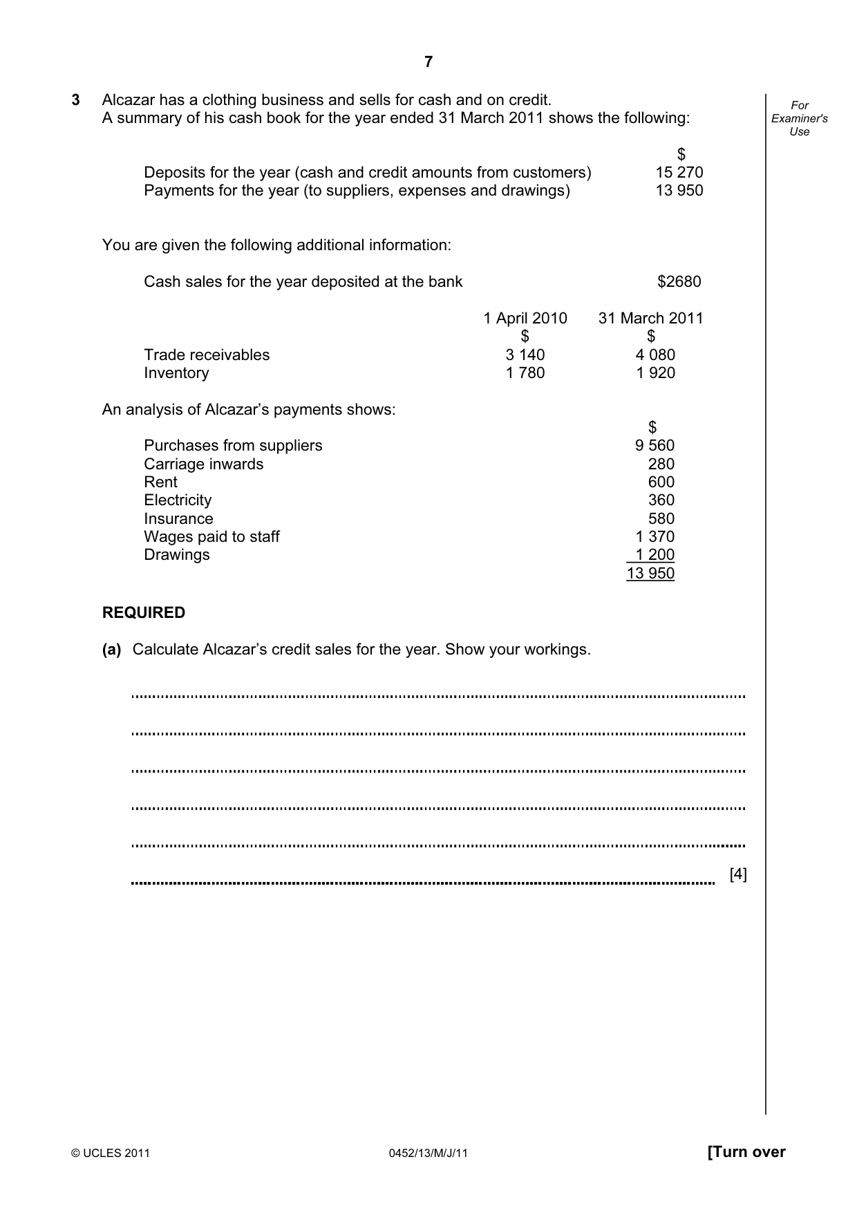 Cambridge IGCSE Accounting 0452 2011 May/June Paper 1 · Variant 3 question paper, page 7 of 16