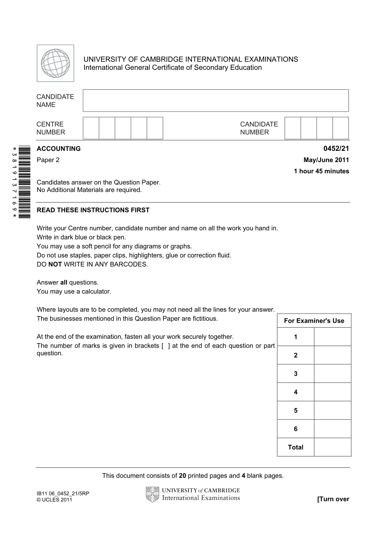 Cambridge IGCSE Accounting 0452 2011 May/June Paper 2 · Variant 1 question paper, page 1 of 24