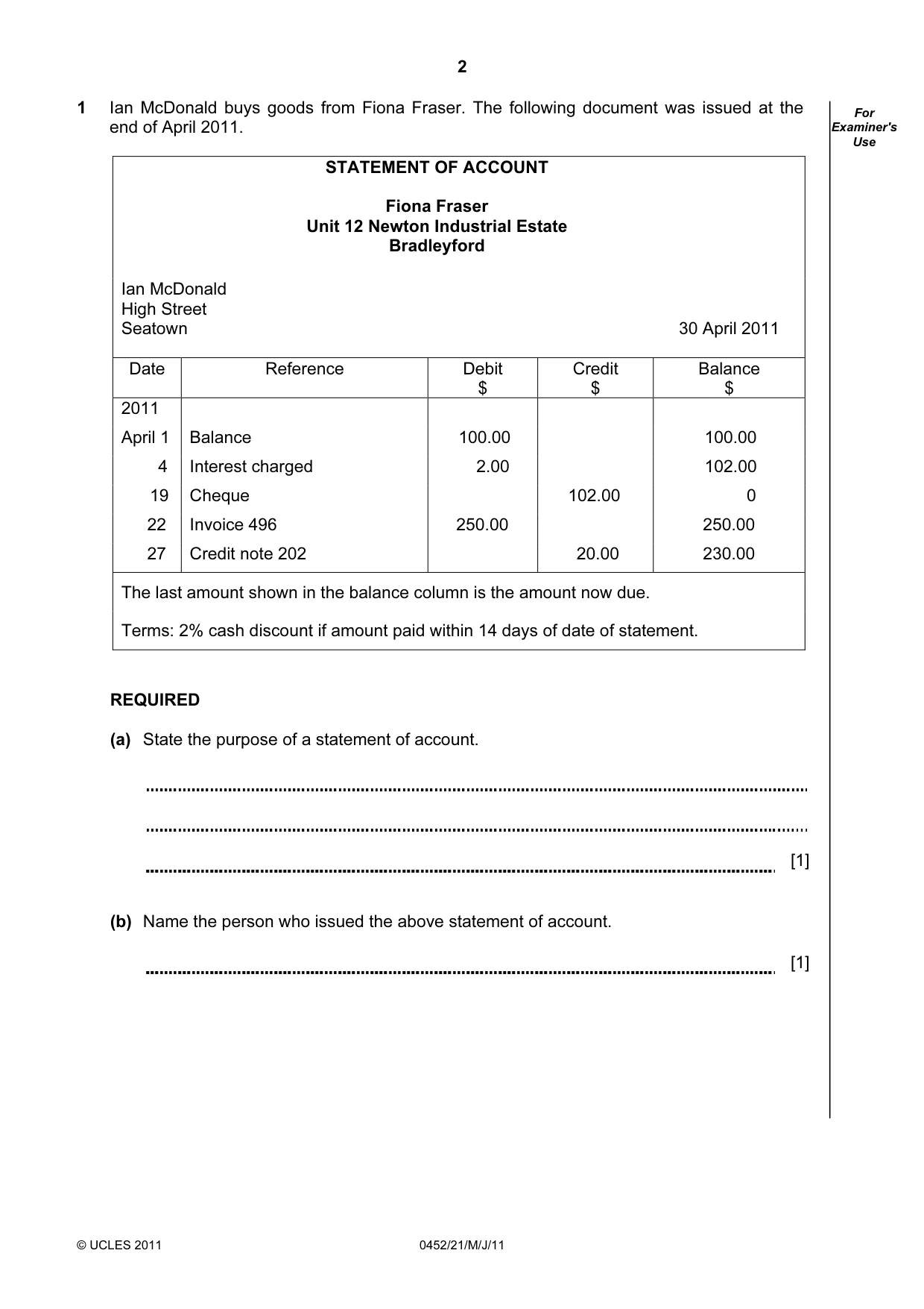 Cambridge IGCSE Accounting 0452 2011 May/June Paper 2 · Variant 1 question paper, page 2 of 24