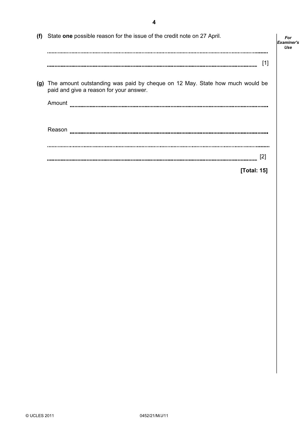 Cambridge IGCSE Accounting 0452 2011 May/June Paper 2 · Variant 1 question paper, page 4 of 24