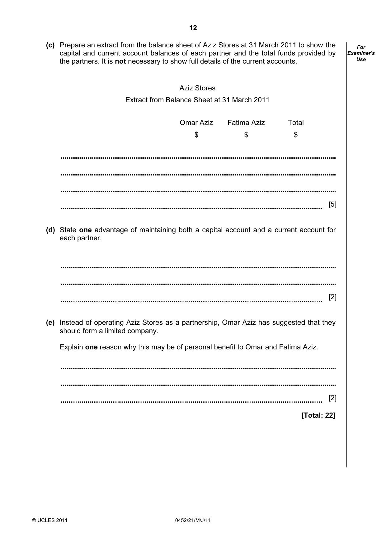 Cambridge IGCSE Accounting 0452 2011 May/June Paper 2 · Variant 1 question paper, page 12 of 24