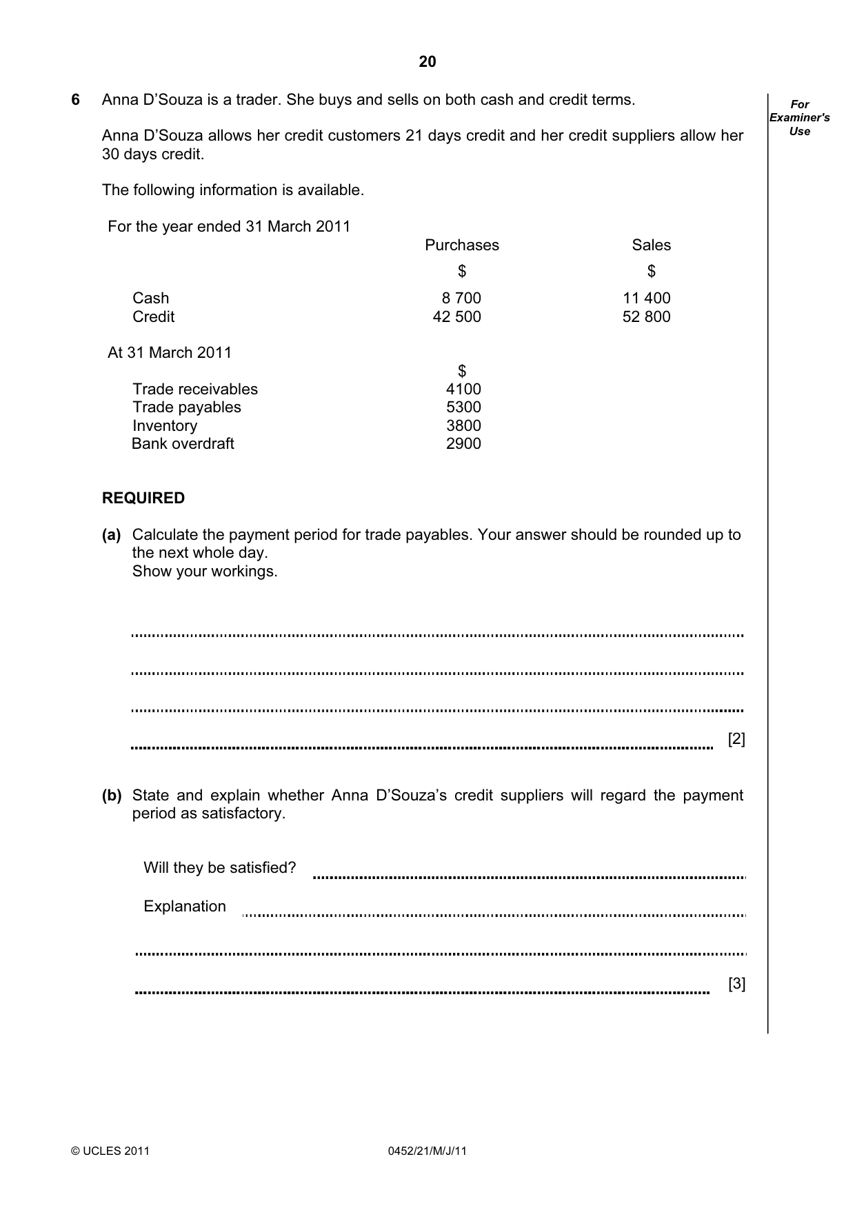 Cambridge IGCSE Accounting 0452 2011 May/June Paper 2 · Variant 1 question paper, page 20 of 24