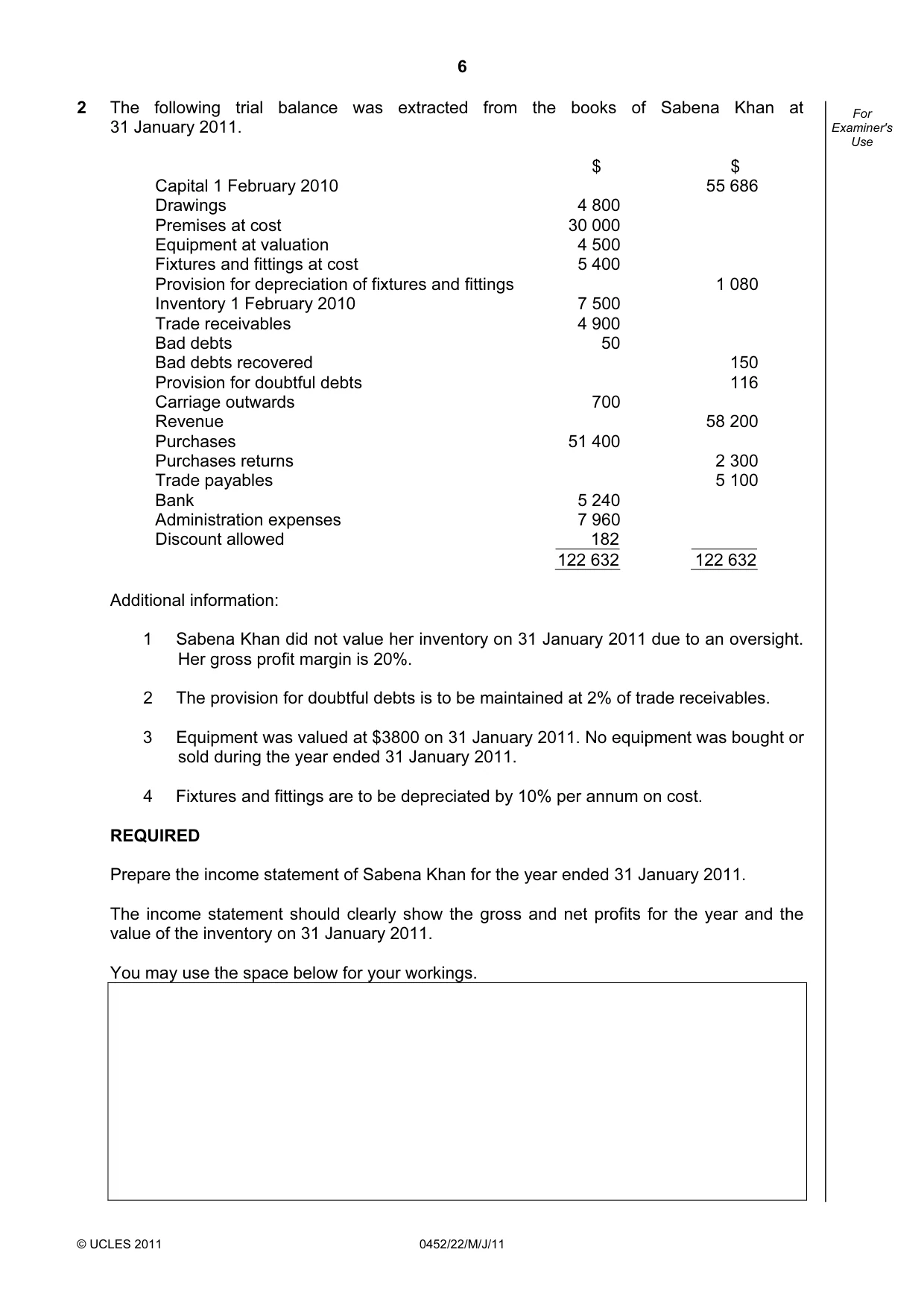 Cambridge IGCSE Accounting 0452 2011 May/June Paper 2 · Variant 2 question paper, page 6 of 20