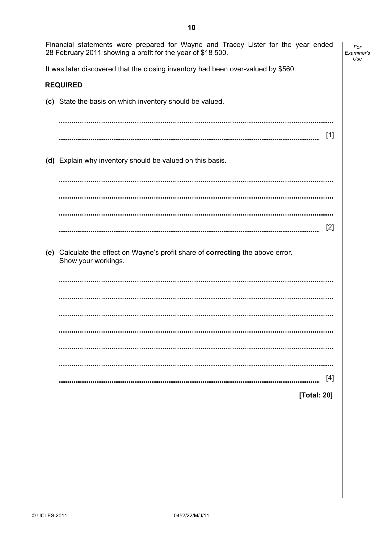 Cambridge IGCSE Accounting 0452 2011 May/June Paper 2 · Variant 2 question paper, page 10 of 20