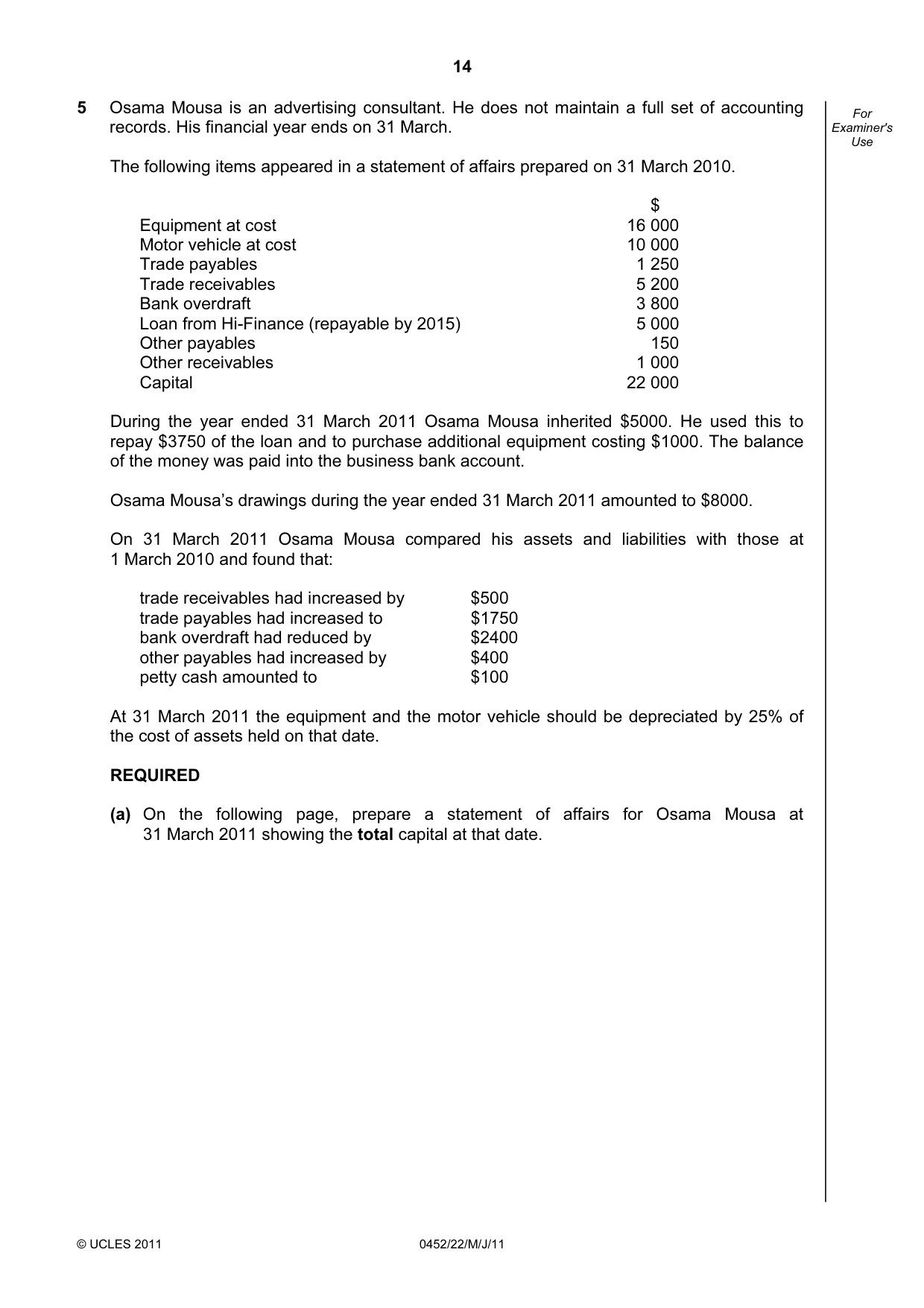 Cambridge IGCSE Accounting 0452 2011 May/June Paper 2 · Variant 2 question paper, page 14 of 20