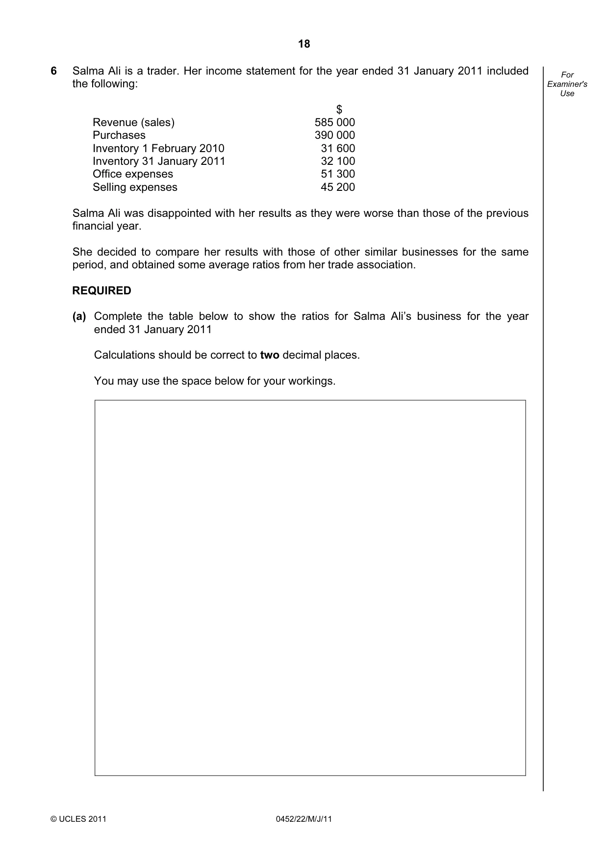 Cambridge IGCSE Accounting 0452 2011 May/June Paper 2 · Variant 2 question paper, page 18 of 20
