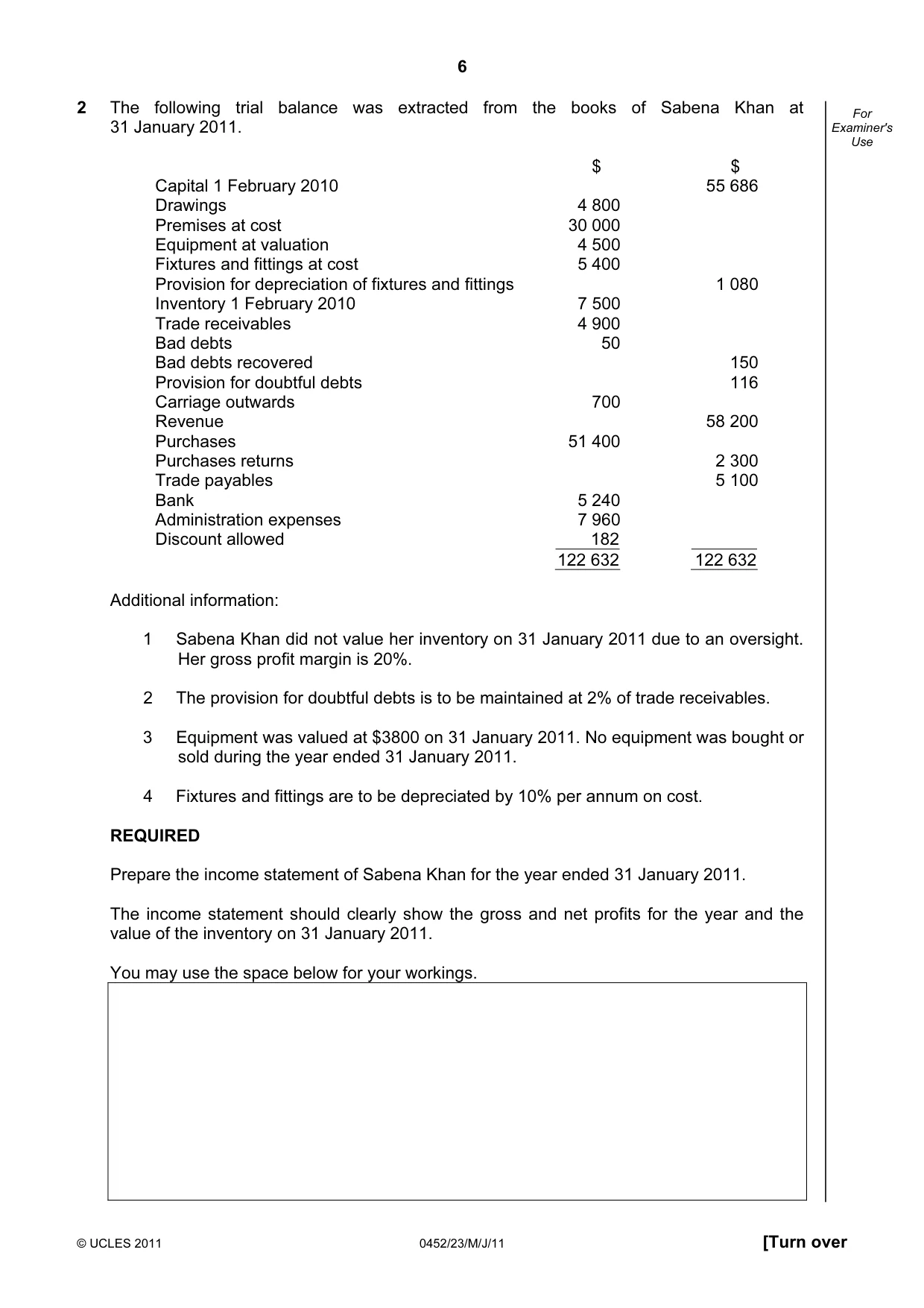 Cambridge IGCSE Accounting 0452 2011 May/June Paper 2 · Variant 3 question paper, page 6 of 20