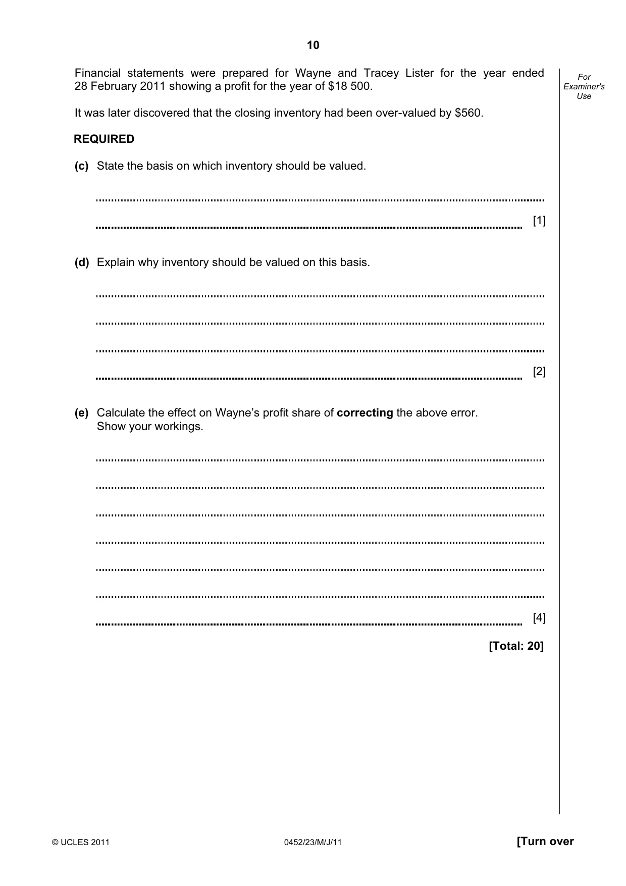 Cambridge IGCSE Accounting 0452 2011 May/June Paper 2 · Variant 3 question paper, page 10 of 20
