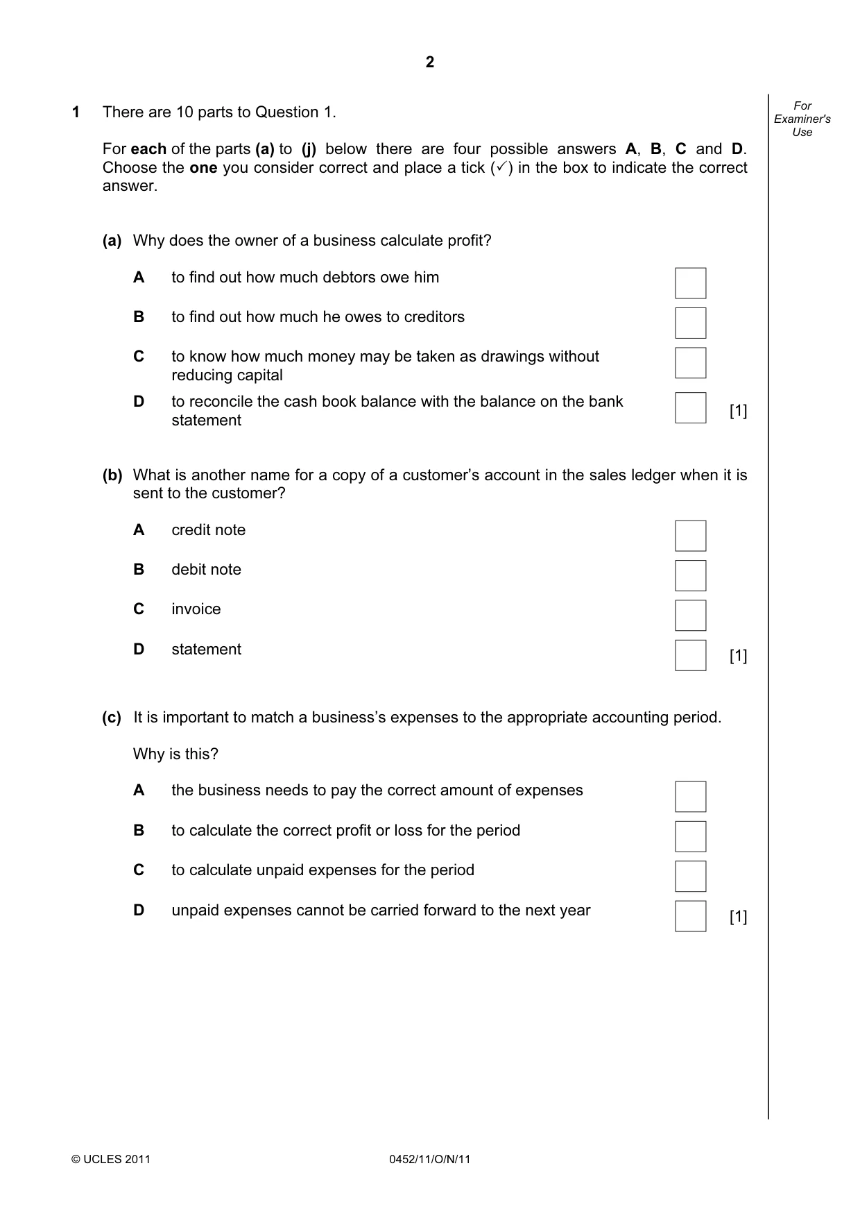 Cambridge IGCSE Accounting 0452 2011 Oct/Nov Paper 1 · Variant 1 question paper, page 2 of 20