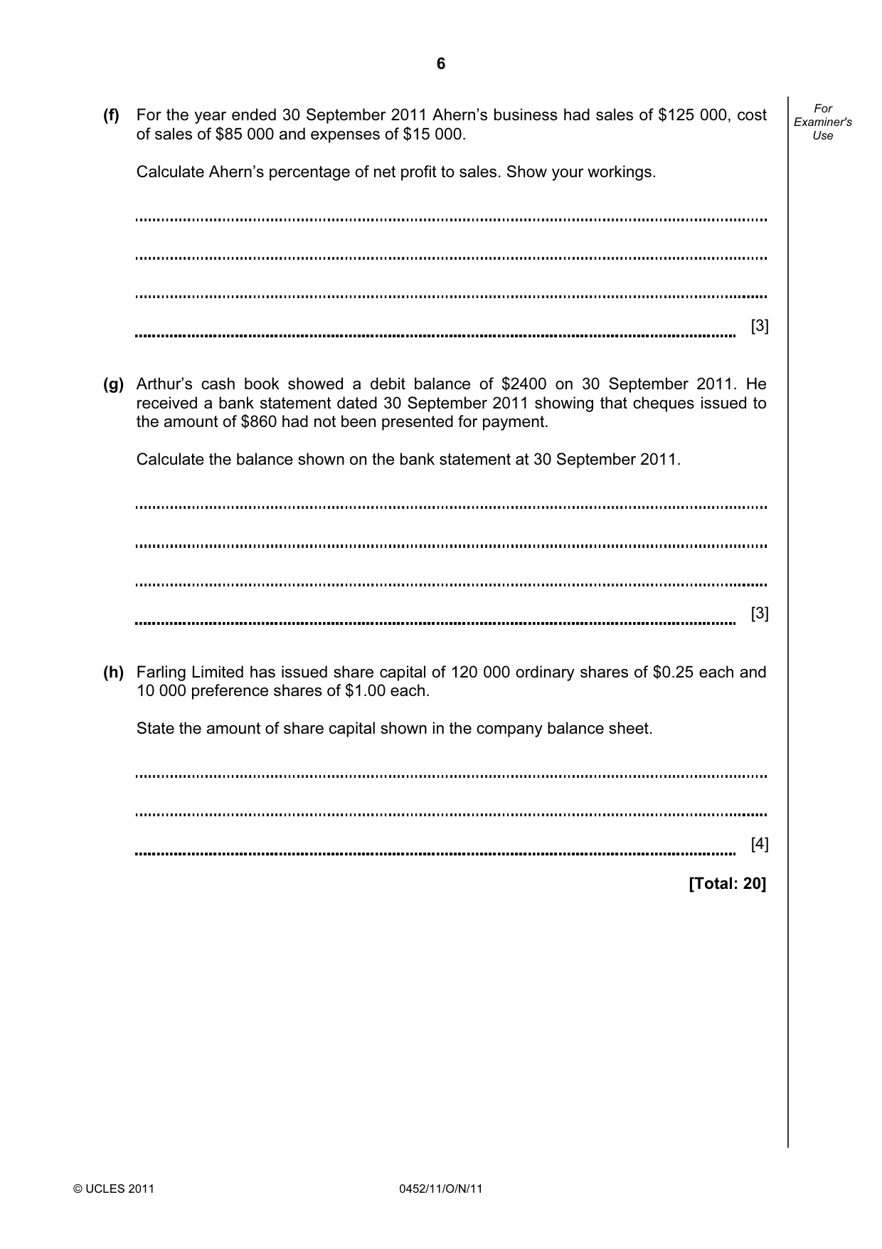 Cambridge IGCSE Accounting 0452 2011 Oct/Nov Paper 1 · Variant 1 question paper, page 6 of 20