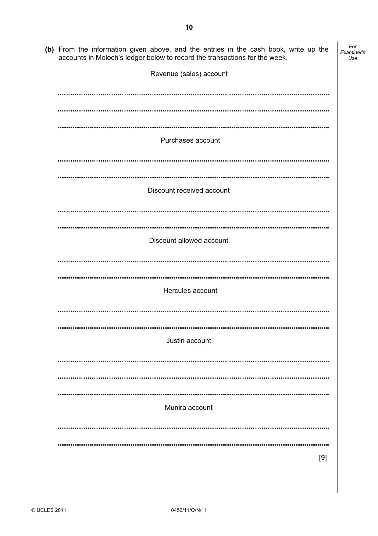 Cambridge IGCSE Accounting 0452 2011 Oct/Nov Paper 1 · Variant 1 question paper, page 10 of 20