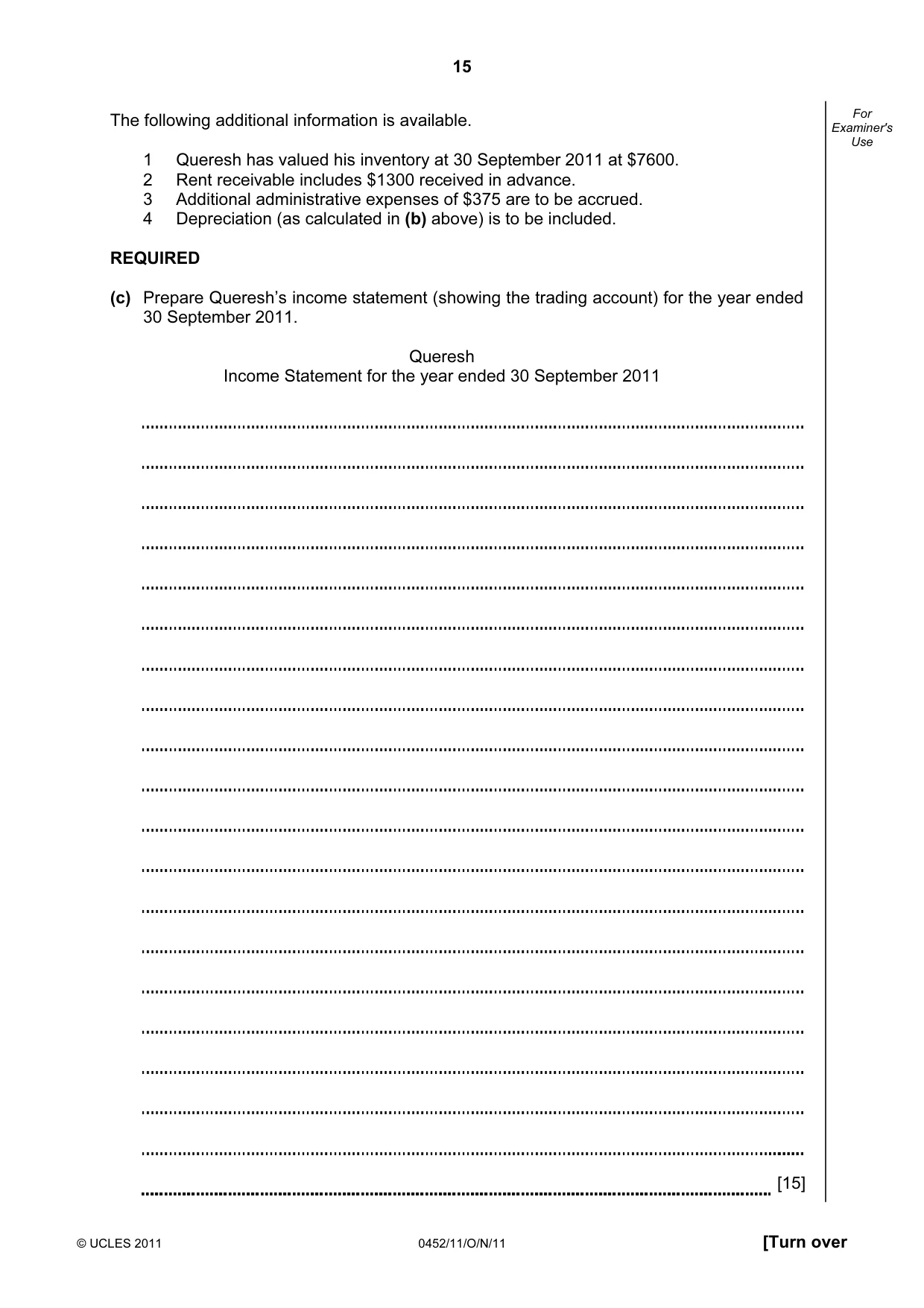 Cambridge IGCSE Accounting 0452 2011 Oct/Nov Paper 1 · Variant 1 question paper, page 15 of 20
