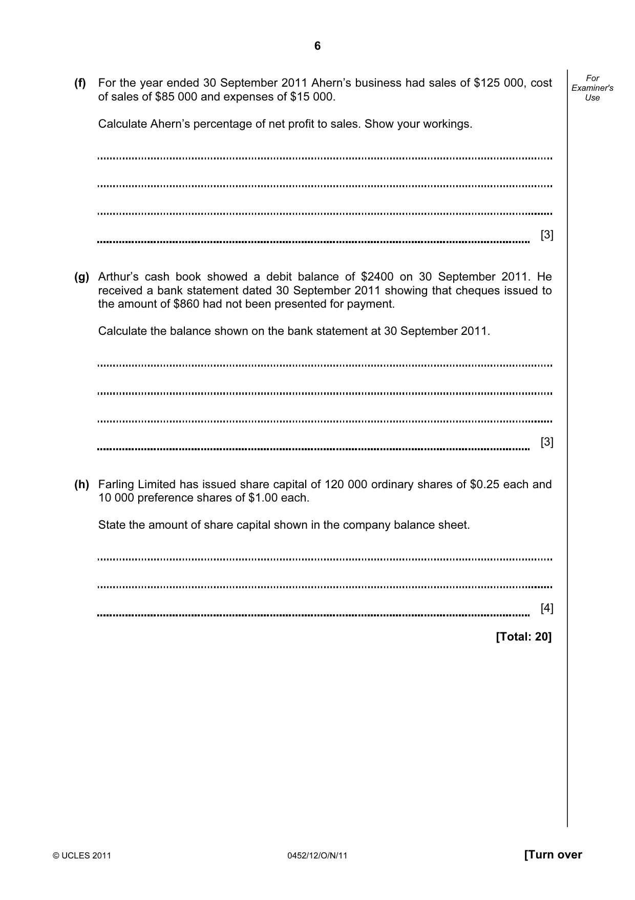 Cambridge IGCSE Accounting 0452 2011 Oct/Nov Paper 1 · Variant 2 question paper, page 6 of 20
