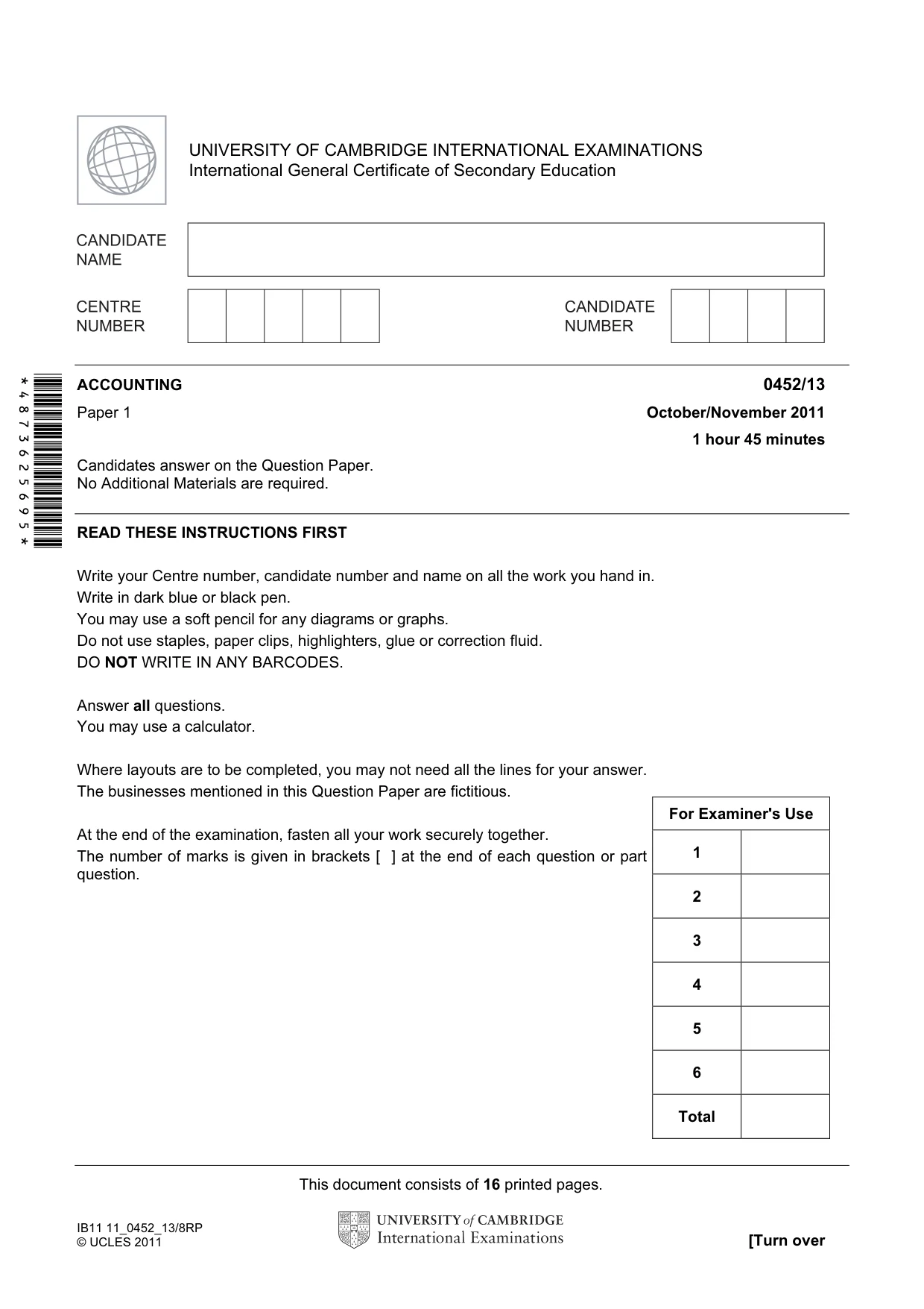 Cambridge IGCSE Accounting 0452 2011 Oct/Nov Paper 1 · Variant 3 question paper, page 1 of 16