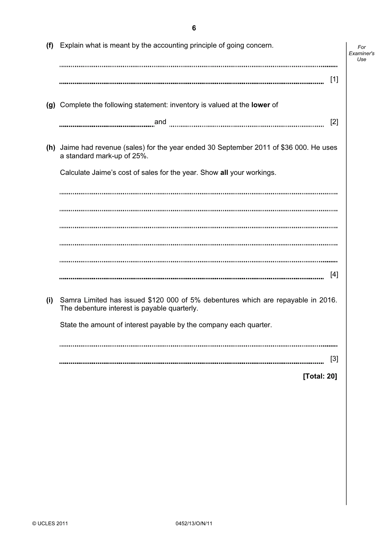 Cambridge IGCSE Accounting 0452 2011 Oct/Nov Paper 1 · Variant 3 question paper, page 6 of 16