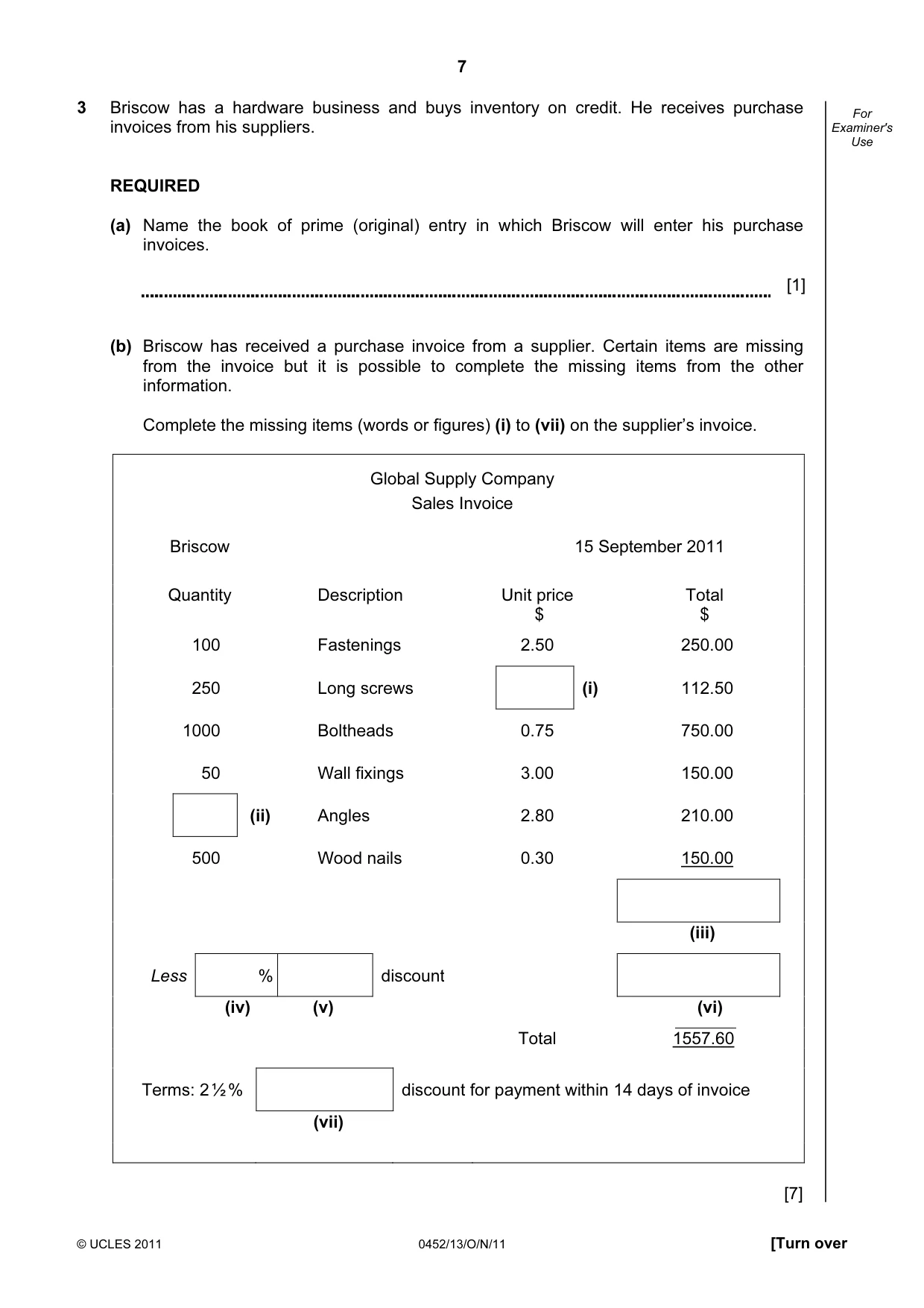 Cambridge IGCSE Accounting 0452 2011 Oct/Nov Paper 1 · Variant 3 question paper, page 7 of 16